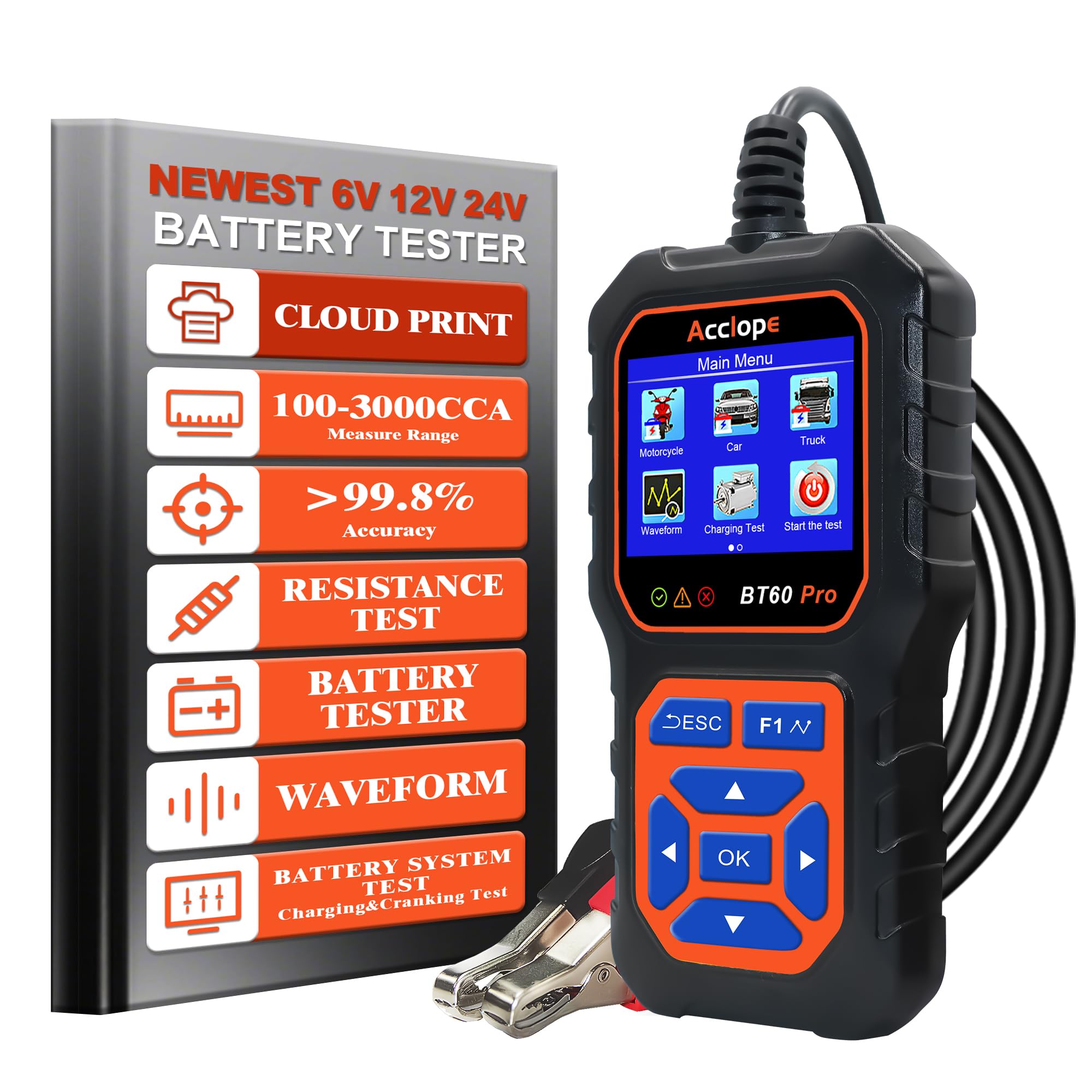 BT60 Pro Acclope Car Battery Tester with Cloud Printing 100-3000 CCA 6V 12V 24V AGM Lithium Gel Battery Checker Automotive Alter