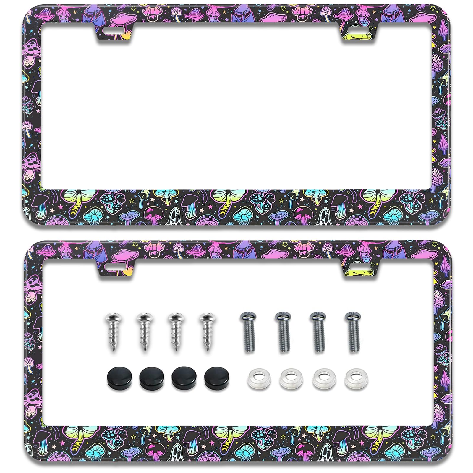 Multicolor Mushroom License Plate Frames,2 Pack Car Plate Holder Universal Stainless Steel Accessories Cars Decor 2 Holes Screws