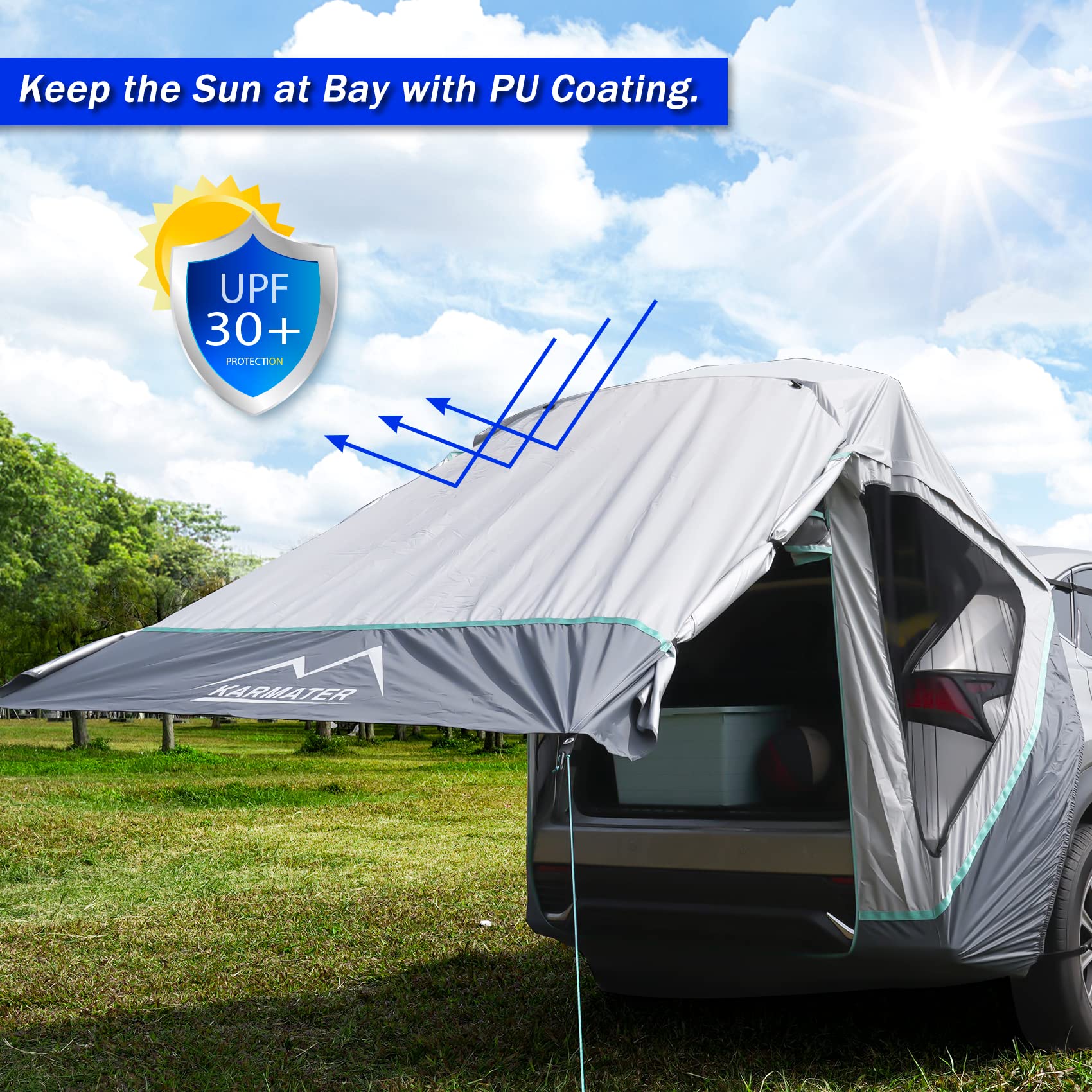 M Karmater Suv Tailgate Tent With Three Sides Awning Shade & Transmittance Mosquito Net, Hatchback Camping Sunproof Car Tent, Universal Suv Windproof Car Camping Gear Tent Outdoor Travel.