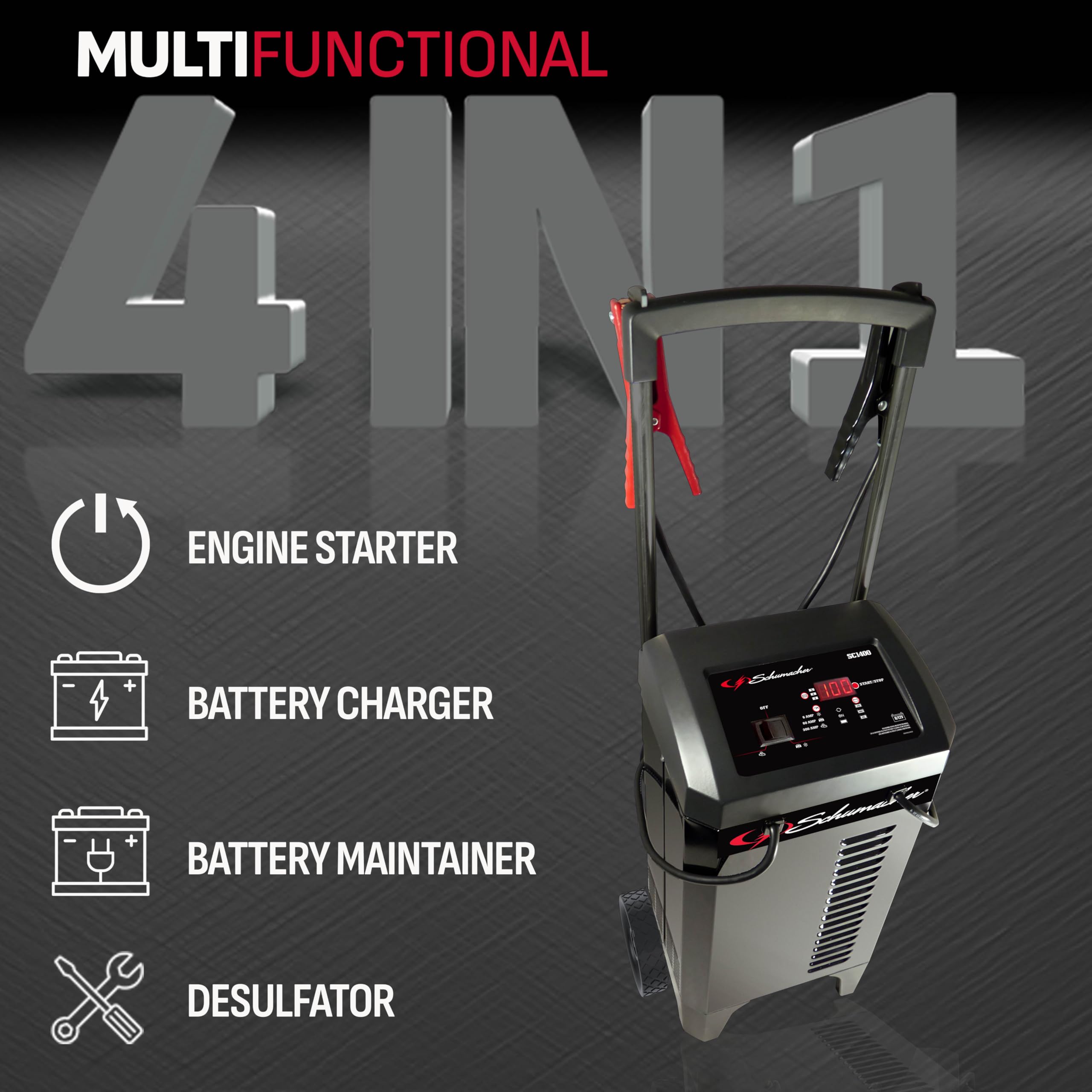 Schumacher Electric Wheeled Battery Charger And Engine Starter, Sc1400, 4-In-1, Fully Automatic, 300 Cranking Amps, 60 Amp Boost