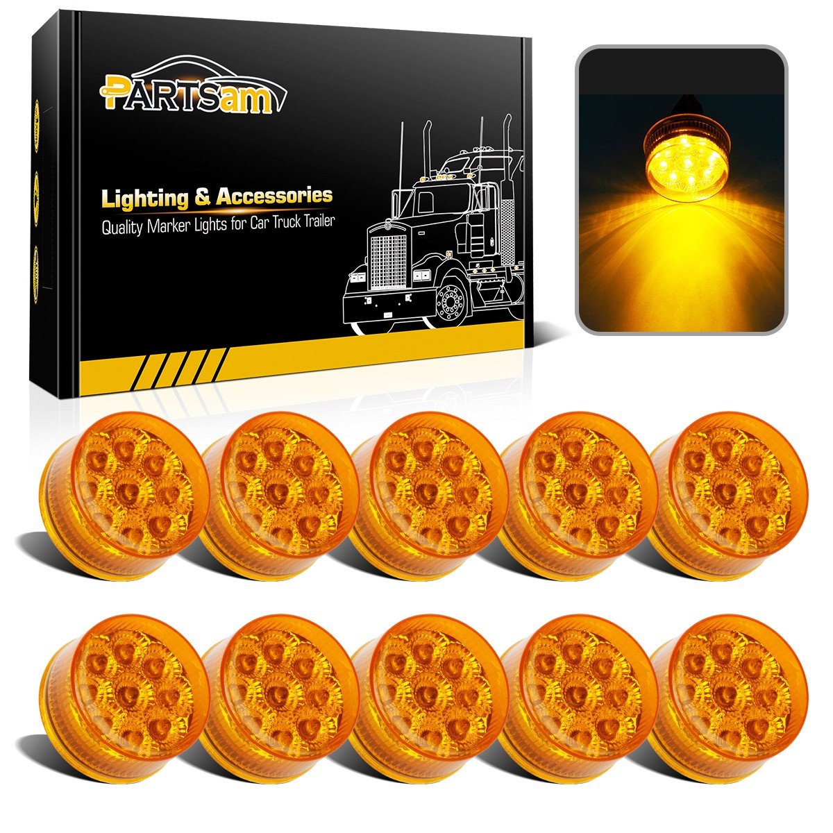 Partsam 10Pcs 2 Inch Amber 9 Led Side Marker Turn Signal Light, 2'' Round Clearance Lights With Reflectors For Trailer Truck, Wa