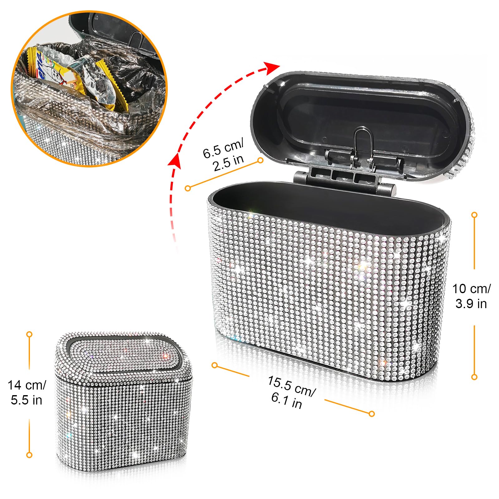 Accmor Bling Car Trash Can With 30Pcs Garbage Bags, Vehicle Trash Bin With Lid Auto Dustbin Organizer Garbage Storage, Sparkling