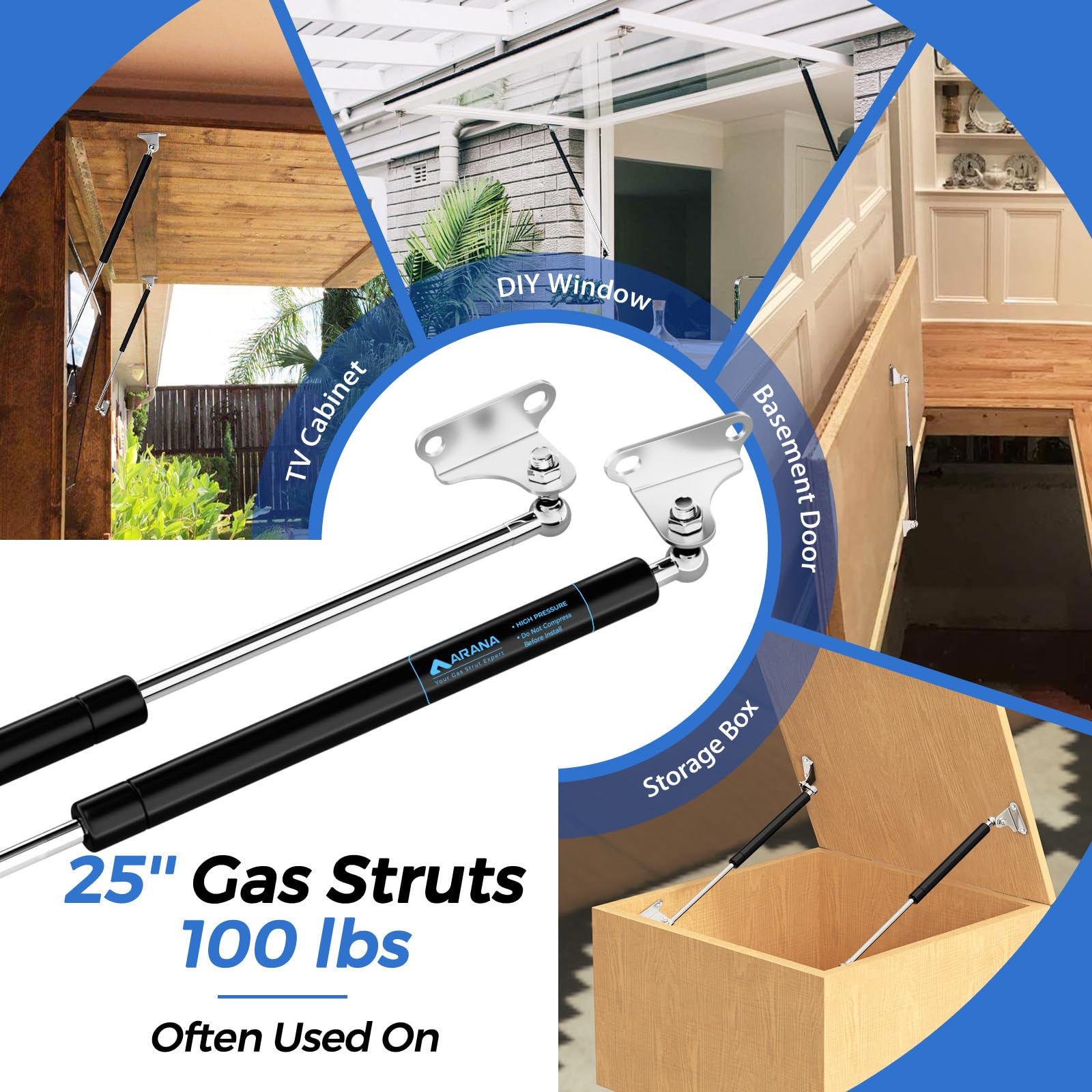 Arana 25 Inch 100 Lb Gas Prop Strut Shock 25 '' 445N/100Lb Gas Spring Struts, 2Pcs Set With L-Type Mounting Brackets For Heavy D