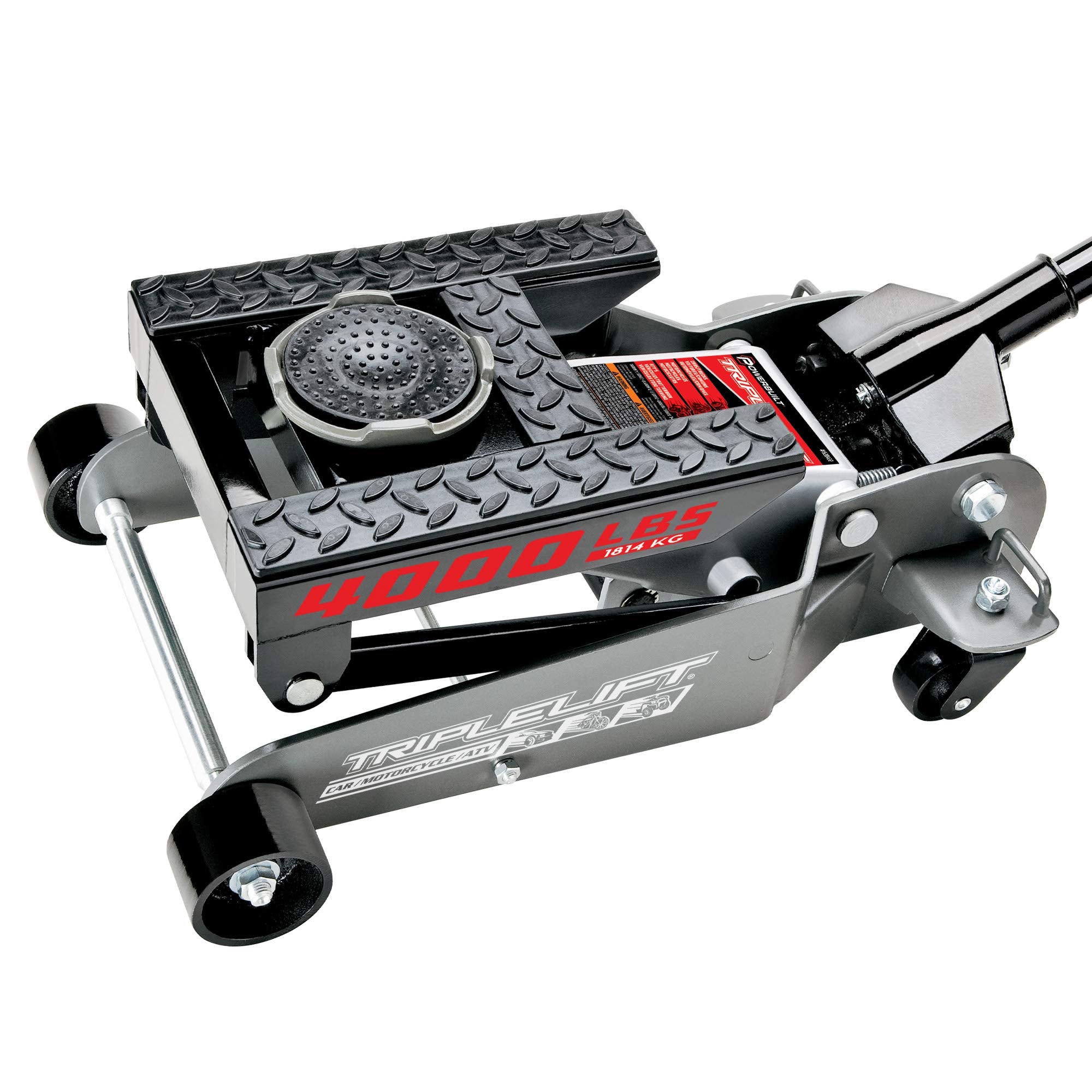 Powerbuilt 2 Ton Triple Lift Floor Jack, Lifts Cars, Trucks, Motorcycles, ATVs, Transmissions, Tie-Down Loops, Locking Safety B