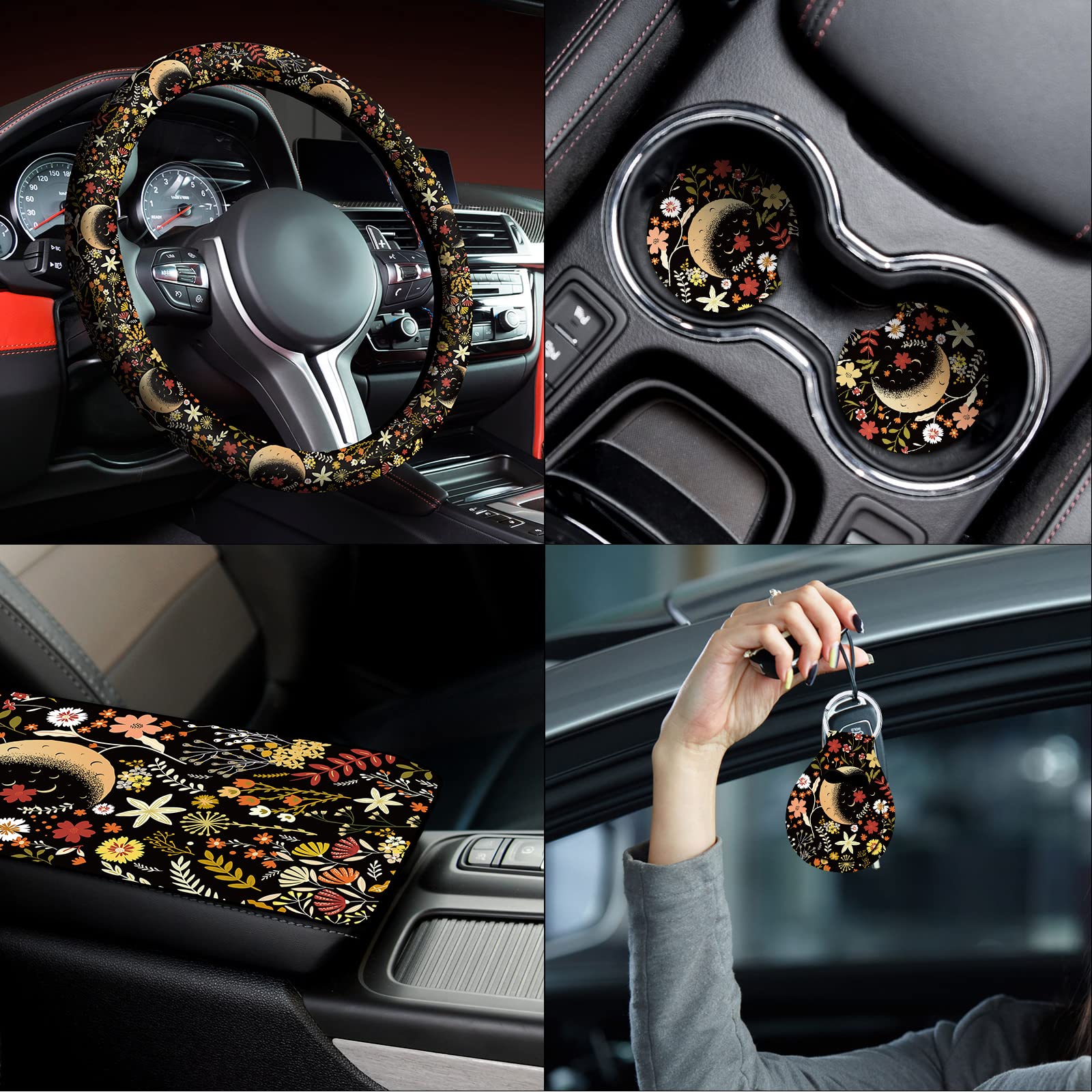 Fiada 15 Pcs Car Seat Covers Full Set Car Accessories Set Steering Wheel Cover Armrest Handbrake Gear Shift Knob Headrest Access