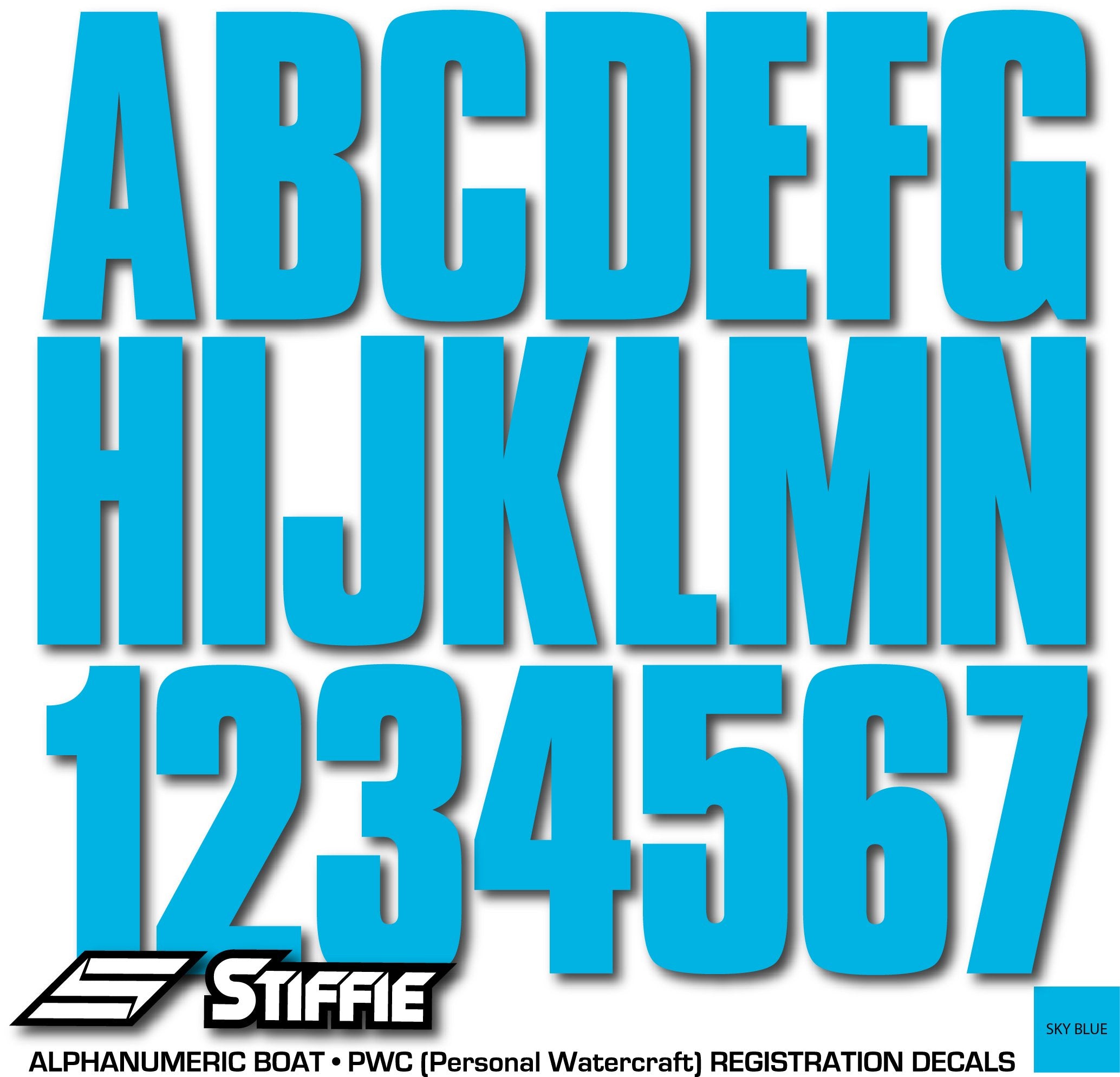 Stiffie Uniline Sky Blue 3 Alpha-Numeric Registration Identification Numbers Stickers Decals For Boats & Personal Watercraft