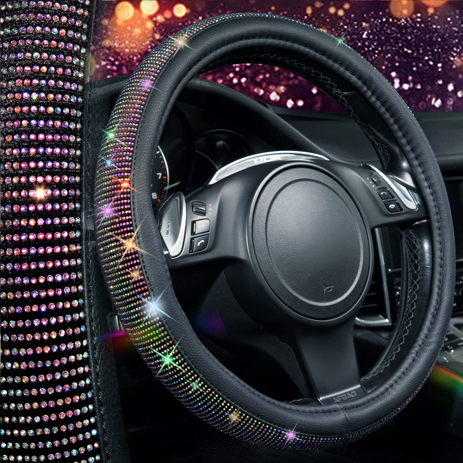 Car Pass Diamond Leather Steering Wheel Cover, With Bling Crystal Rhinestones Fit Suvs,Vans,Sedans,Cars,Trucks Universal Fit 14.