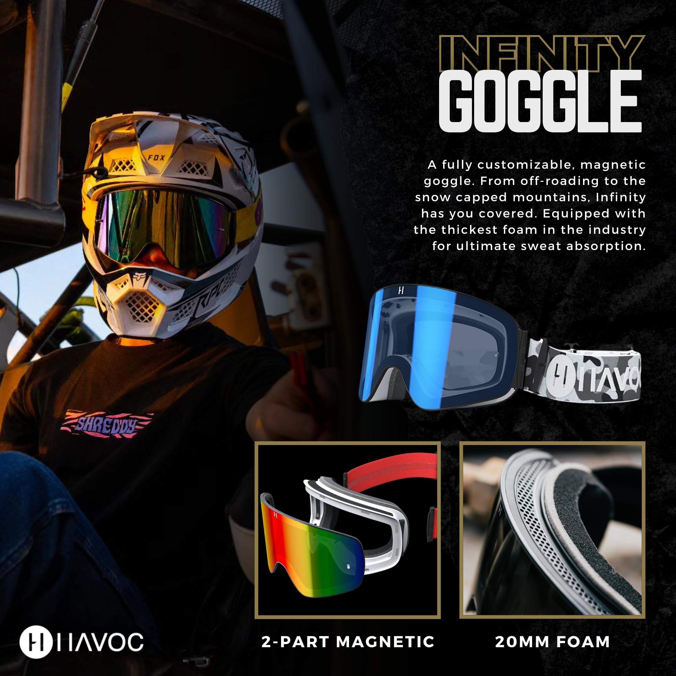 Havoc Racing Magnetic Frameless Goggles - For Motocross, Dirt Biking, Snowboarding, Atv, & Utv - Arctic Camo Goggles & Clear Len