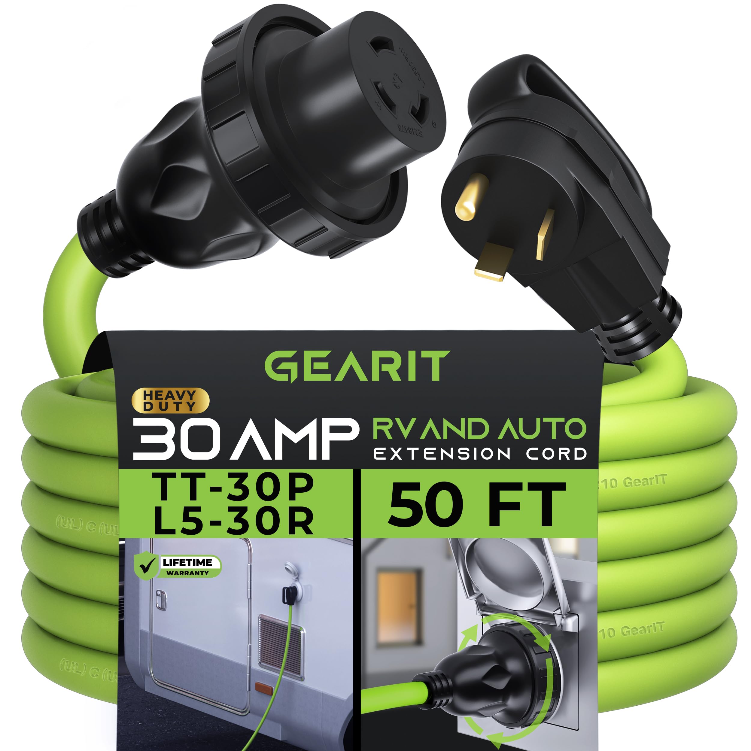Gearit 20-Amp Rv Power Extension Cord,125-Volt, 3-Prong, Nema Tt-30P To L5-30R, Twist Locking Adapter, 10/3 Stw 10Awg Gauge 3C, 