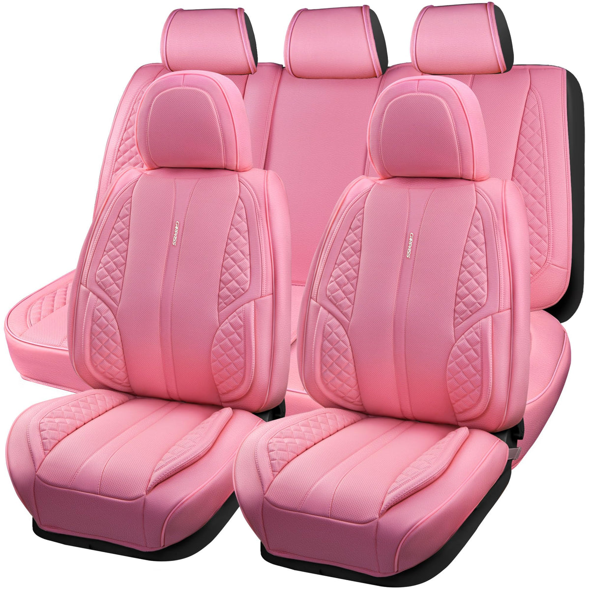 CAR PASS Nappa Pink PU Leather Car Seat Covers Full Set Cute for Women Waterproof Cushioned,Universal Fit for Sedan SUV Pick-up 