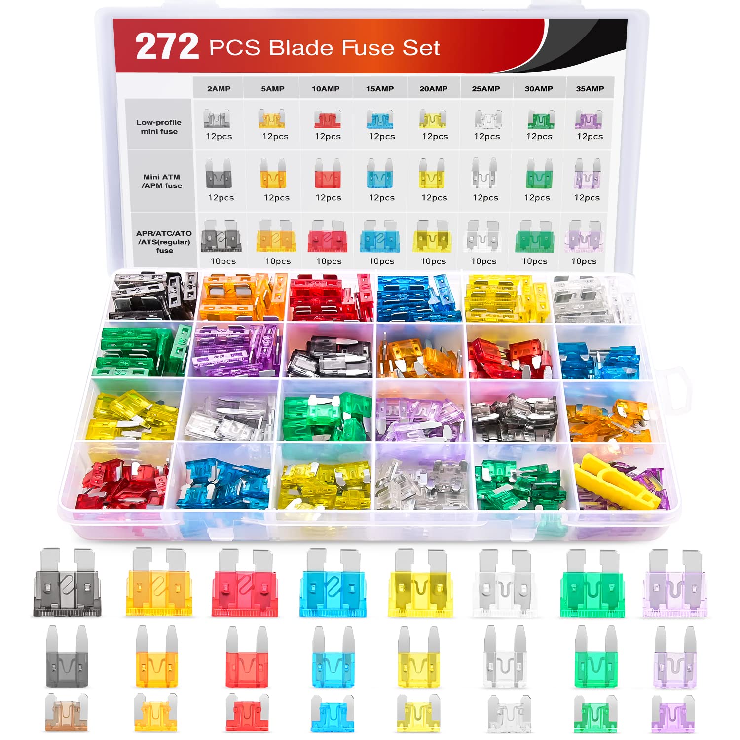 Nilight - 50019R 272Pcs Standard & Mini & Low Profile Mini Blade Fuse Assortment, 2A 5A 10A 15A 20A 25A 30A 35A Replacement Fuse