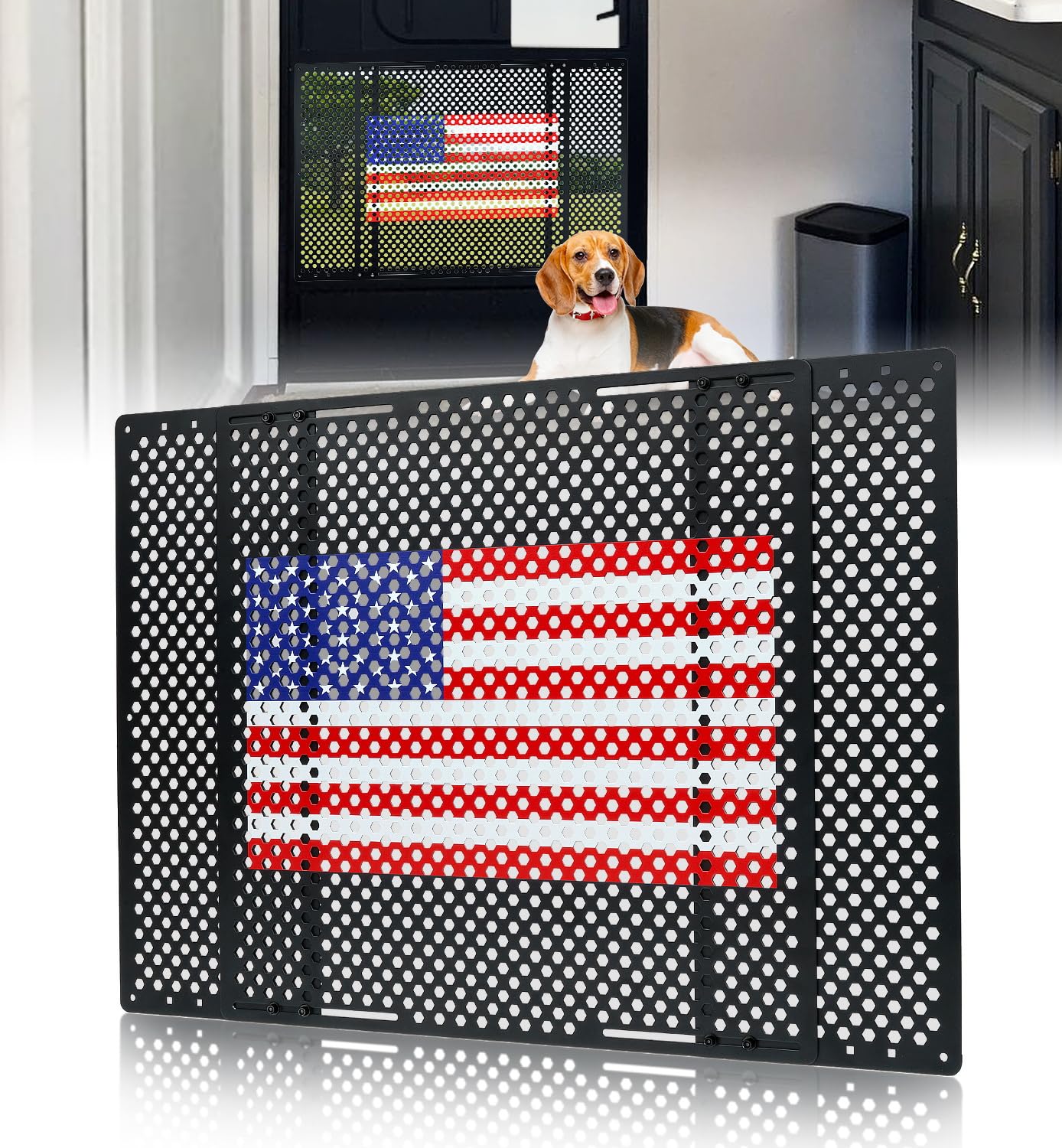 Aupar Aluminum Alloy RV Entry Screen Door Grille Adjusts from 22- 31.5, Adjustable RV Door Screen Protector, Flag