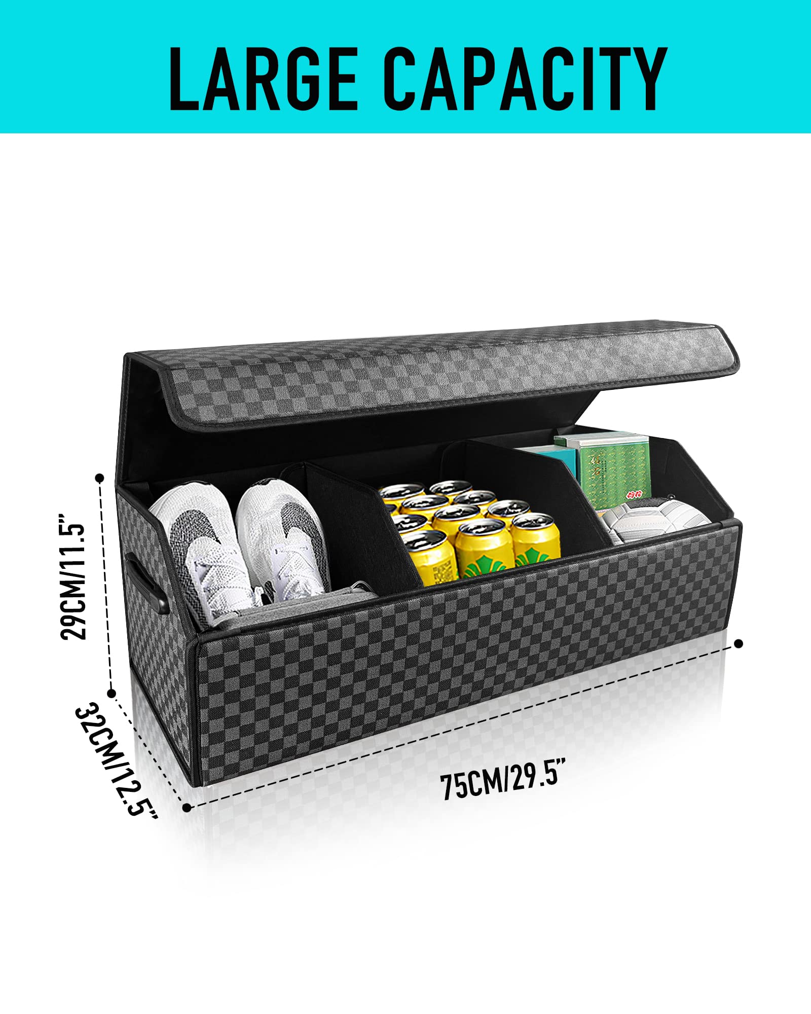 Fyzeoty Trunk Organizer For Suv - Leather Storage Box, Extra Large, Magnetic Lid, Collapsible And Adjustable Car Organizer