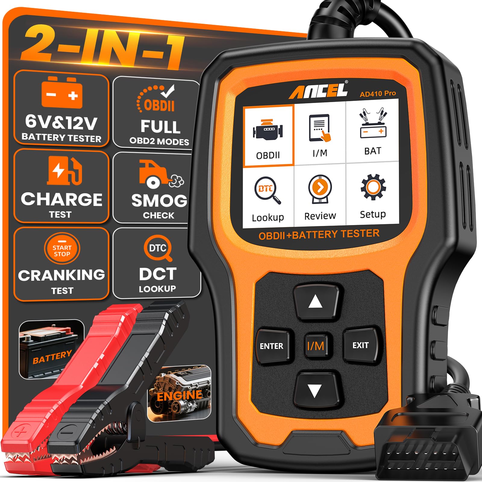 ANCEL AD410 PRO OBD2 Scanner and Battery Tester,2-in-1 Car Diagnostic Tool,Check Engine Light,EVAP Test,Live Data,6V/12V Battery