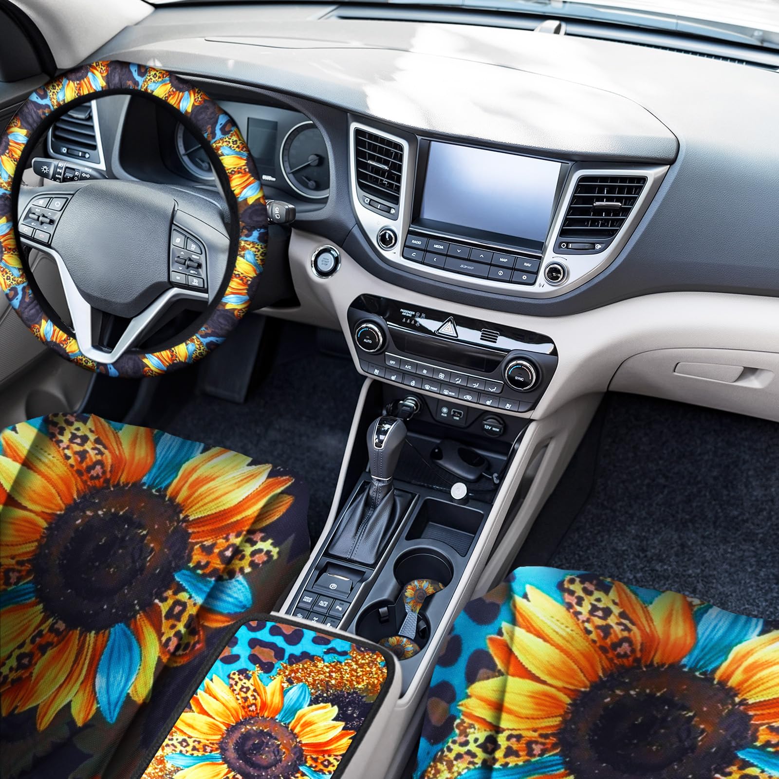 Frienda 13 Pcs Leopard Print Car Seat Cover Full Set for Women Men Print Car Accessories Rubber Steering Wheel Armrest Pad Cover