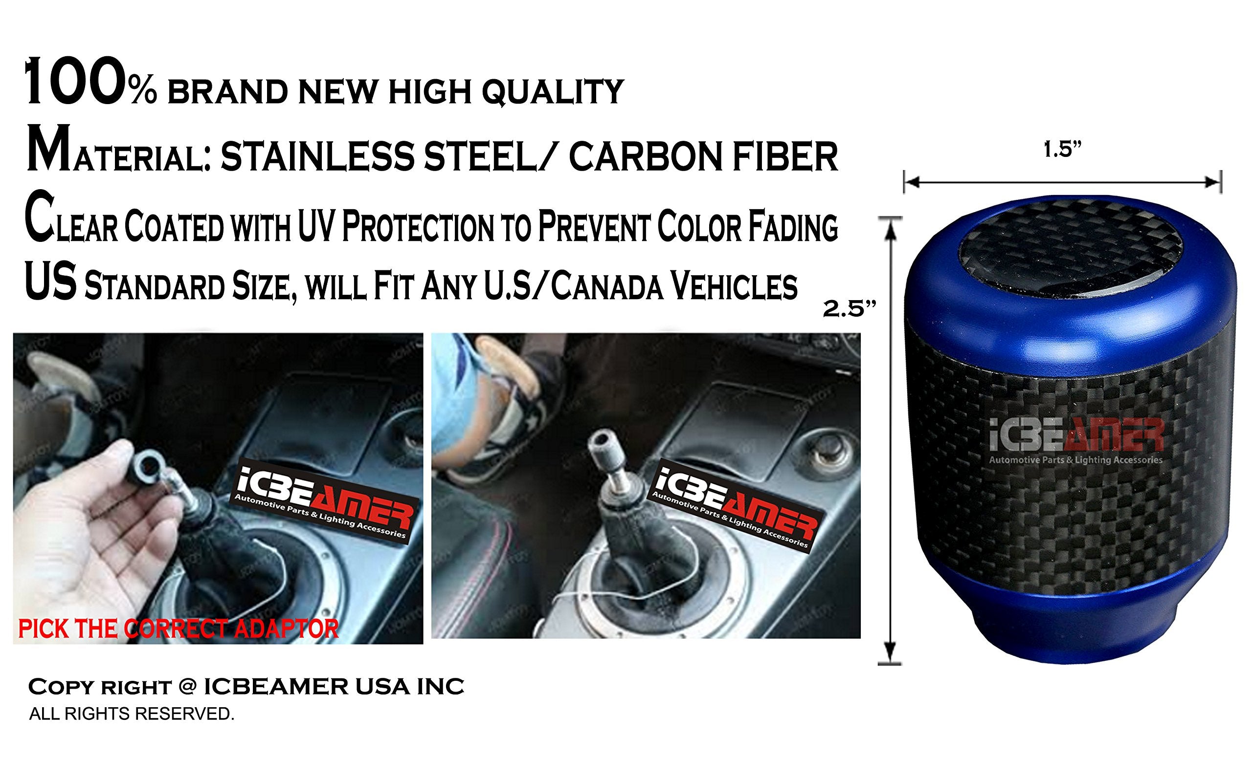 Icbeamer Blue Aluminum W/Carbon Fiber 2.5'' Shift Knob, Fit Automatic And 4, 5 And 6 Speed Manual Transmission Vehicles, Interio