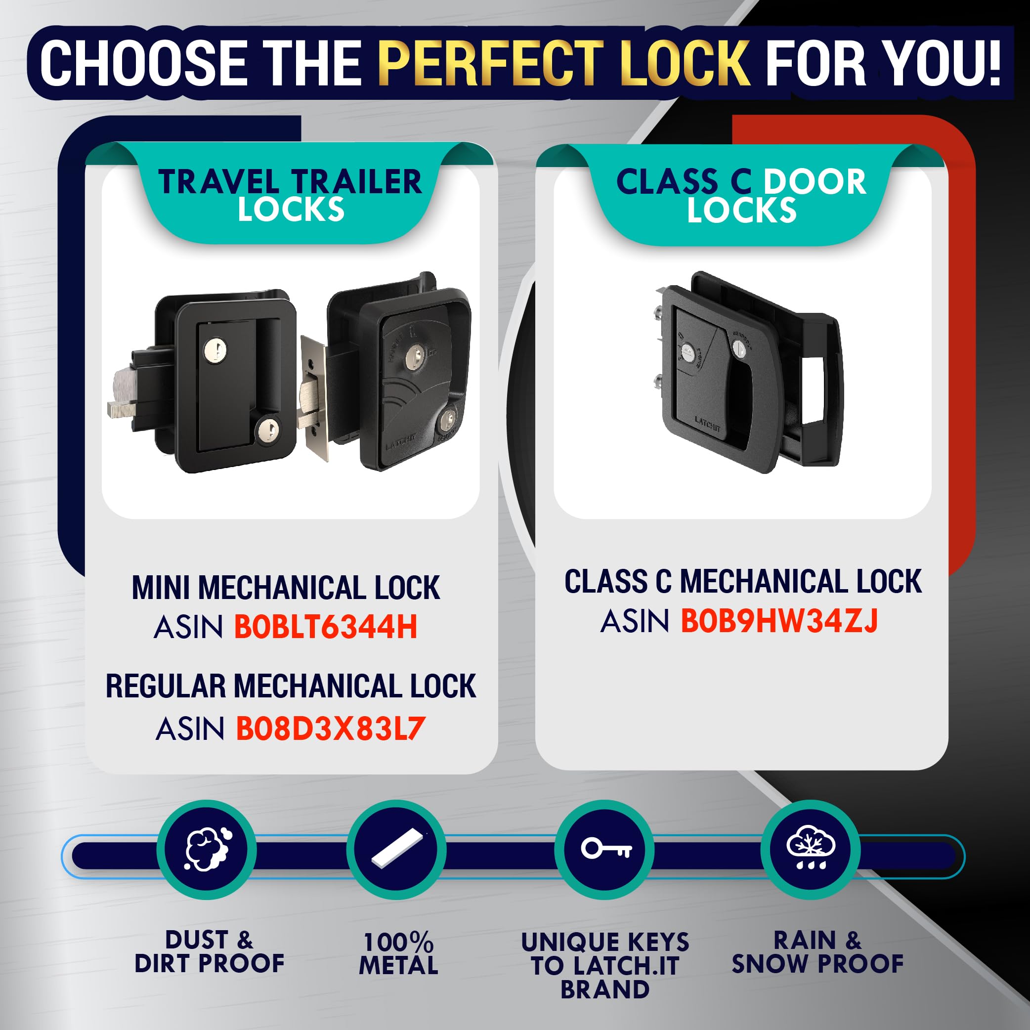 LATCH.IT RV Door Lock Replacement - Metal Mechanical Lock, Class C, 3.50" x 4.50" Hole, Black, Model RVL3249, Includes 2 Keys