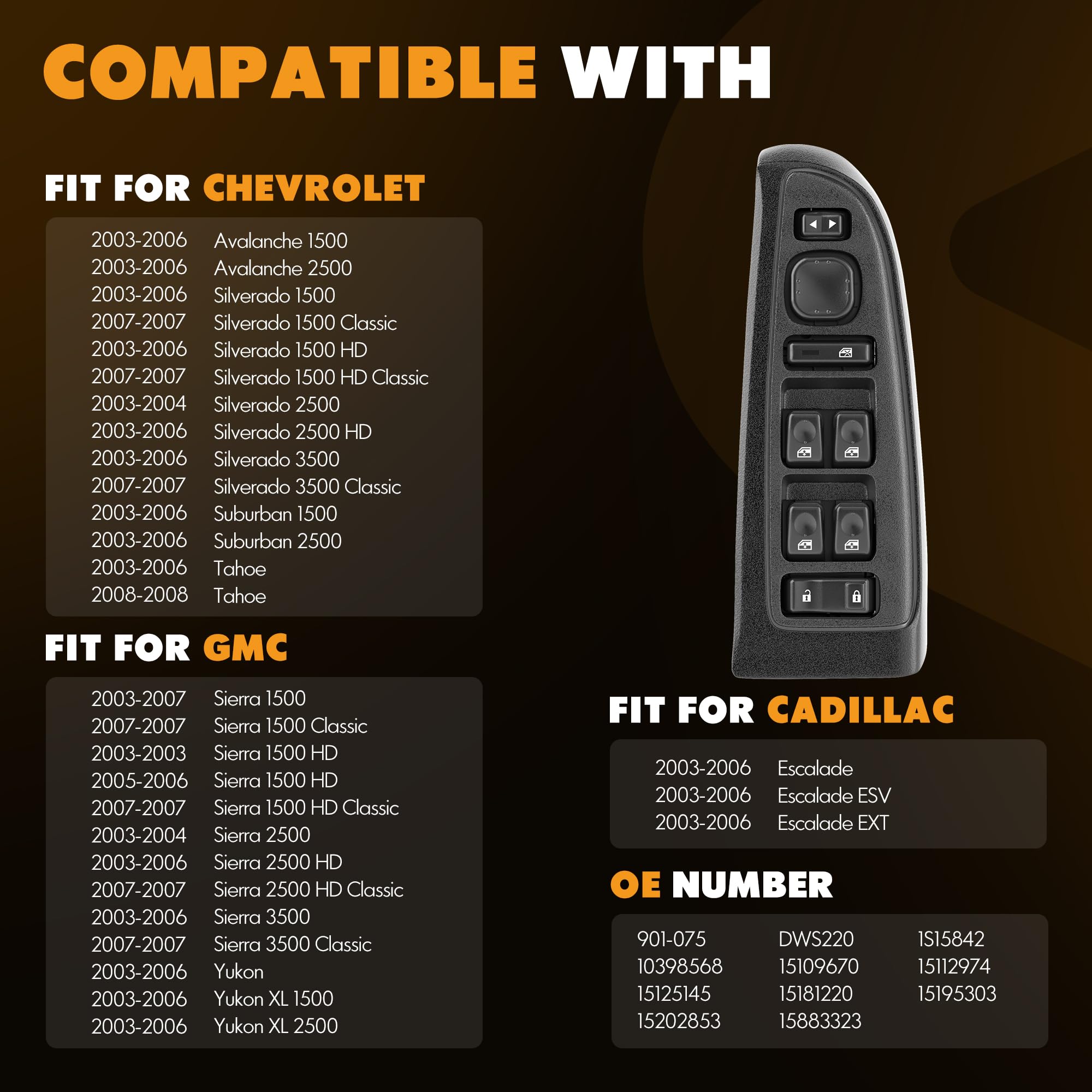 15883323 Front Driver Side Door Lock and Power Window Switch & Black Bezel Cover Fit for 2003-2008 Chevy Avalanche Silverado Sub