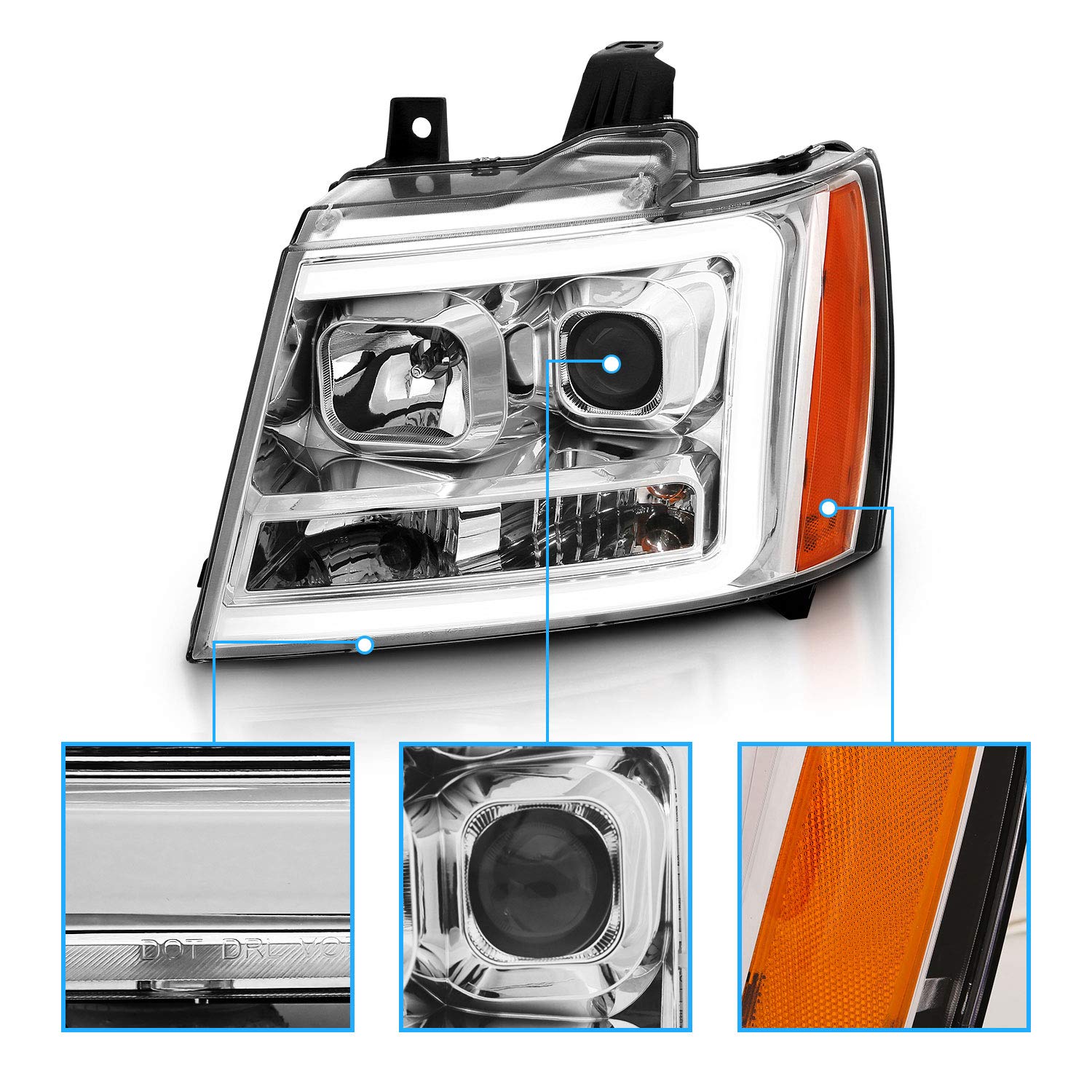 Amerilite For 2007-2013 Chevy Avalanche/Suburban/Tahoe Switchback Led Turn Siganl Tube Chrome Projector Headlights Assembly Pair