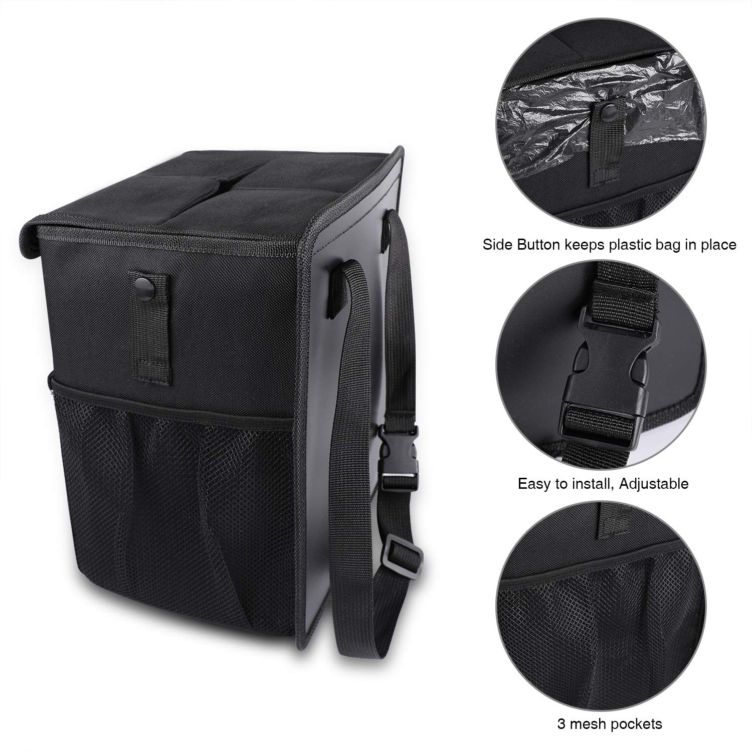 Powertiger Car Accessories Hanging Car Trash Can Bin - Car Garbage Cans Bag With Lid & 3 Mesh Storage Pockets 2.64 Gallon