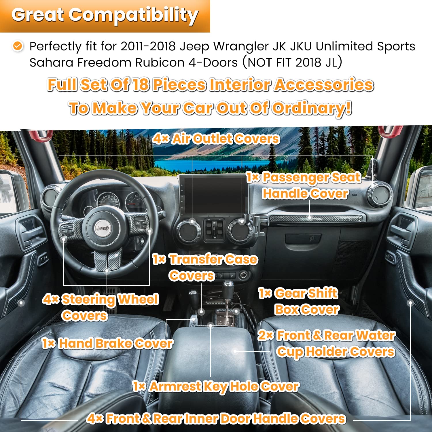 18 Pcs Full Set Interior Decoration Trim Kit Steering Wheel Center Console Door Handle Air Conditioning Vent Cup Holder Gear Cov