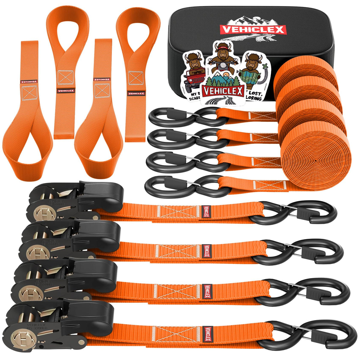 Vehiclex 4 Ratchet Straps Set (1'' x 15', 2200lbs Breaking Strength) - Soft Loops, Coated S-Hooks, Comfortable Handle, Storage B