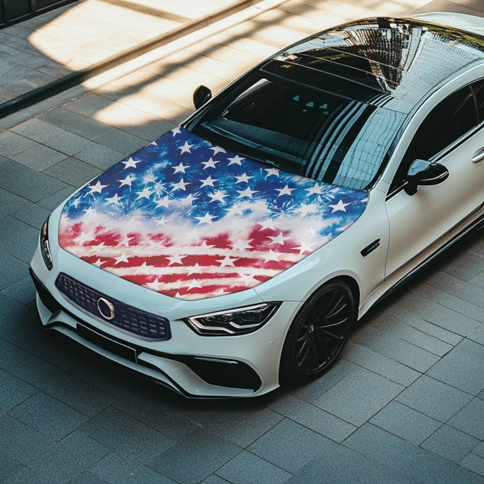 Qiyupavto American Flag Design Car Hood Cover Protector for SUV Sedans Trucks, Elastic Polyester Waterproof Sun-Proof Auto Hood