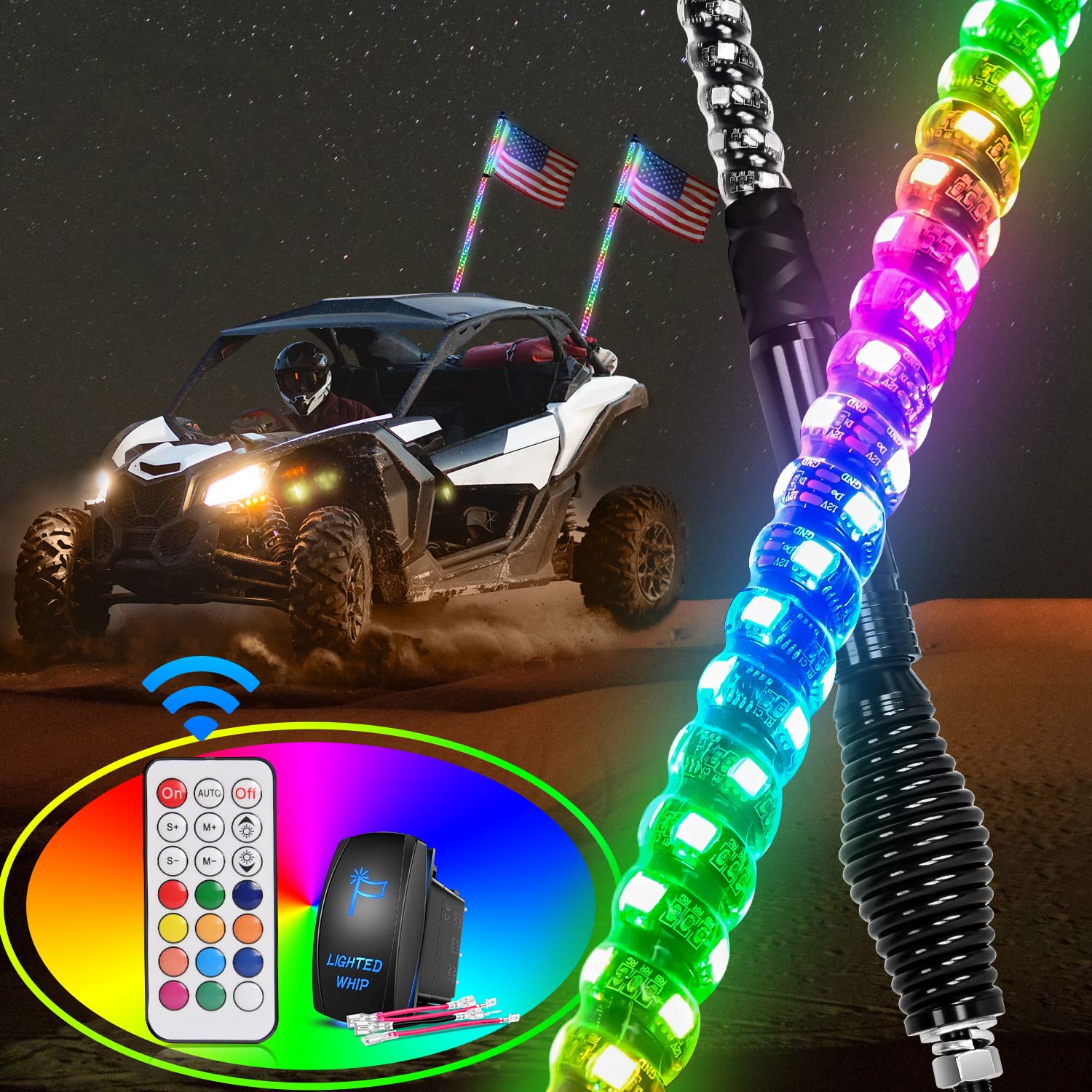 Nilight 2PCS 3FT Spiral RGB Led Whip Light with Spring Base Chasing Light RF Remote Control Lighted Antenna Whips for Can-Am ATV