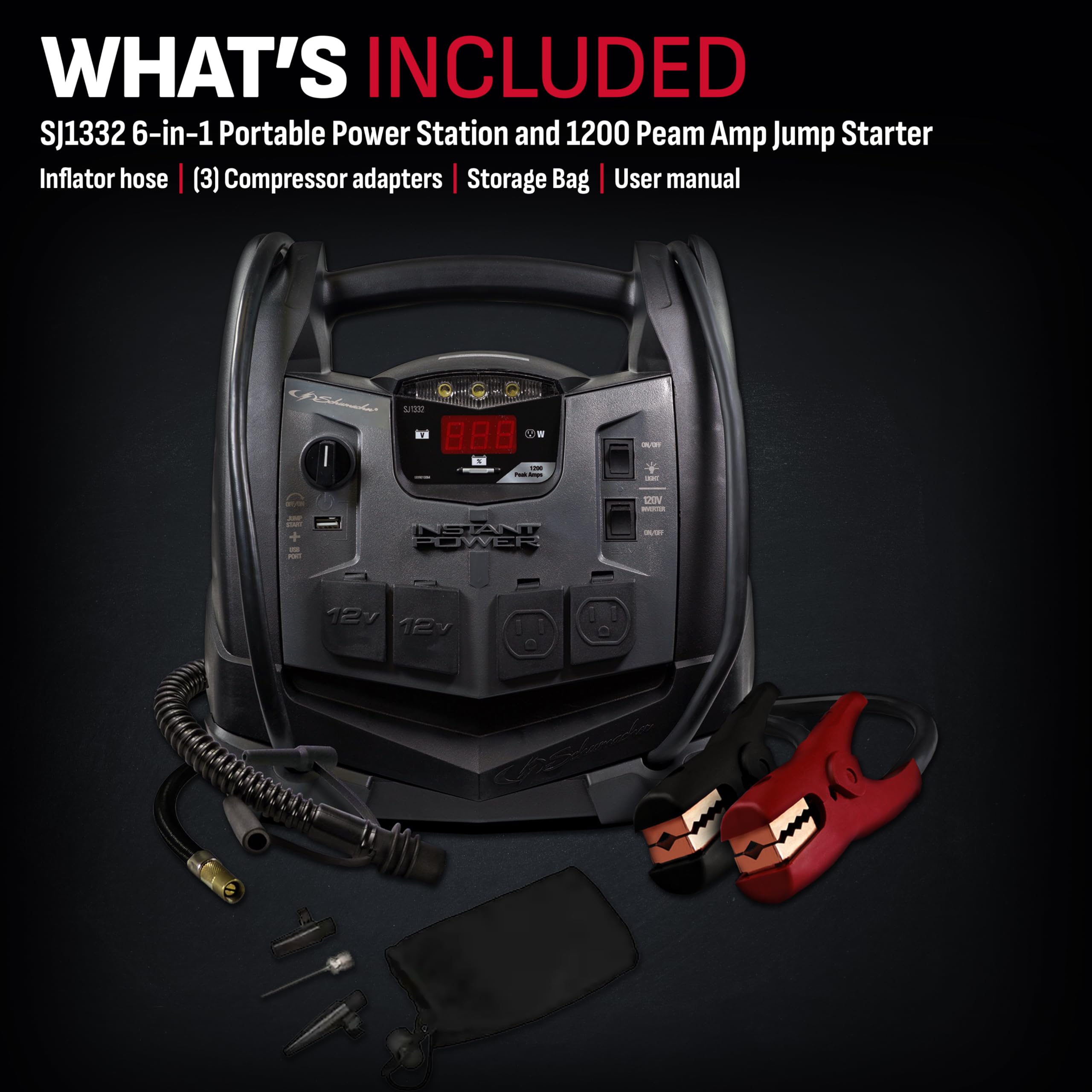 Schumacher Electric Sj1332 6-In-1 Portable Power Station And Jump Starter With 150-Psi Air Compressor And 200 Continuous/400 Peak Watt Power Inverter, 1200 Peak Amps, 12 Volts, Black, 1 Unit