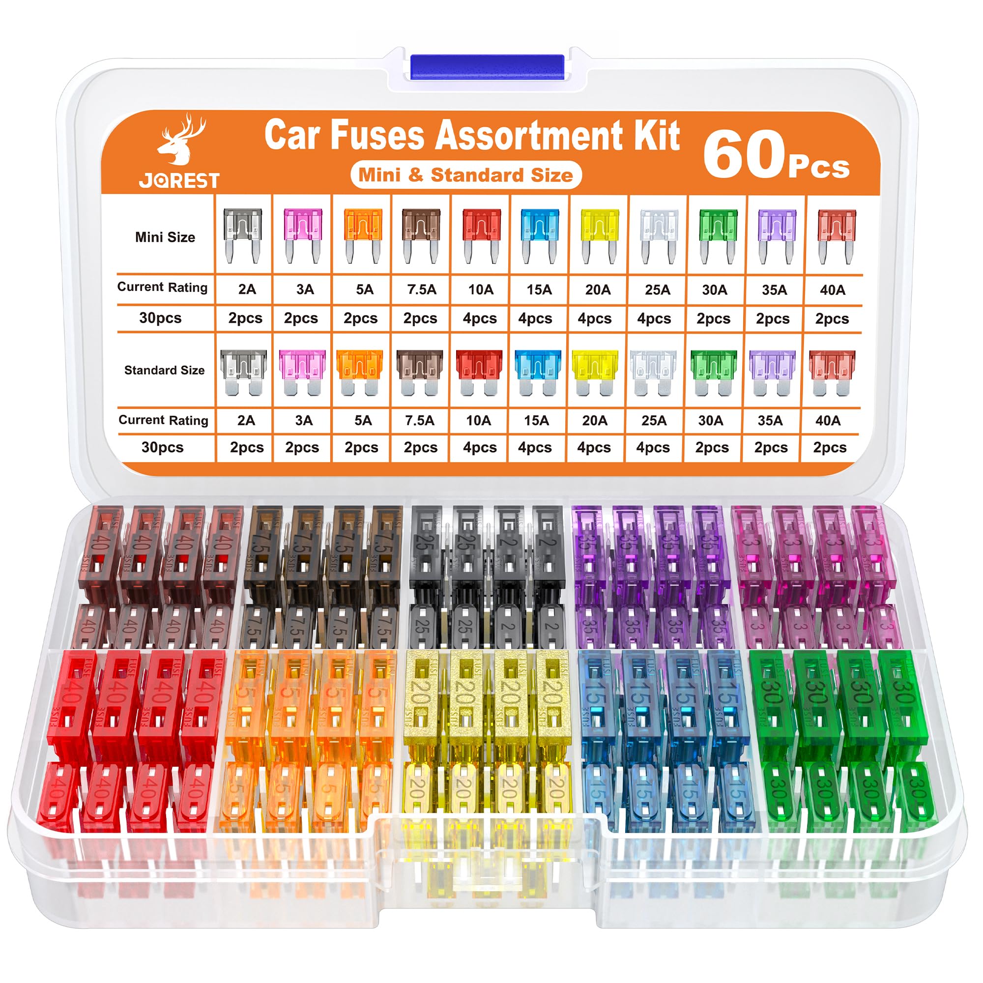 Jorest 60Pcs Car Fuse Assortment Kit - Replacement For Car/Rv/Truck/Motorcycle(2Amp 3A 5A 7.5A 10A 15A 20A 25A 30A 35A 40A) - 30