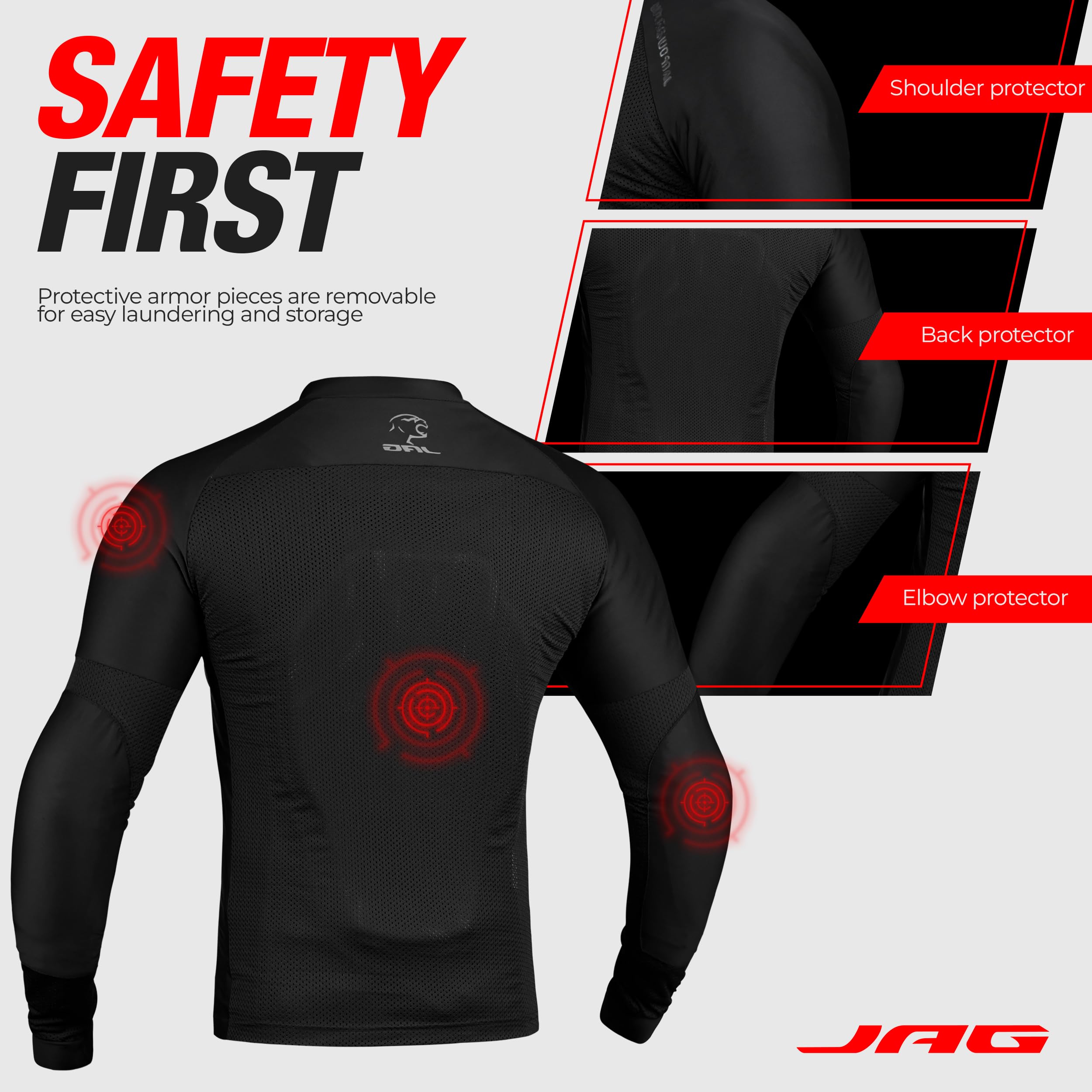 J.A.G. Mesh Motorcycle Shirt For Men With Protective C E Level 2 Padded Shields (Us, Alpha, X-Large, Regular, Regular, Black)