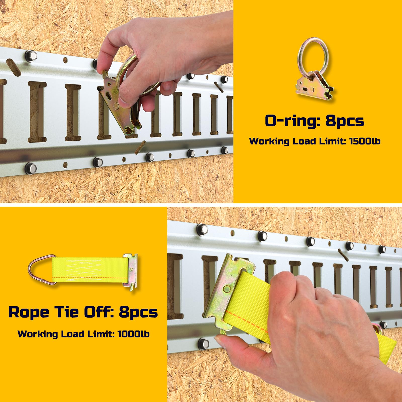 Trekassy 8Ft Horizontal E-Track Tie-Down Rail Kit With 8 Steel O-Ring Anchors And 8 Rope Tie Offs For Truck Bed, Trailers- Silve