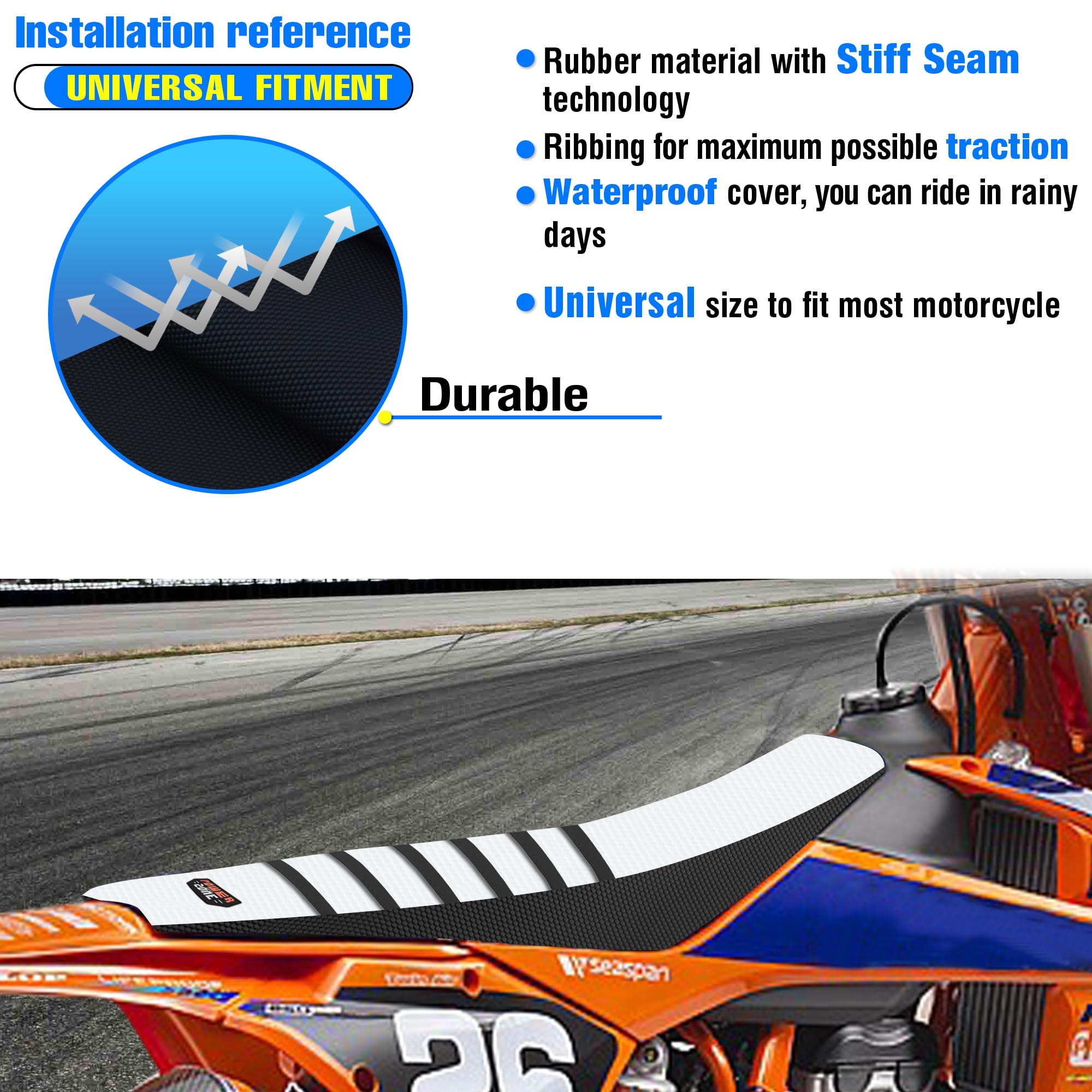 Mchmfg Universal Ribbed Dirt Bike Seat Cover - Gripper Soft Seat Cover For Most Dirt Pit Bike Motorcycle Black-White