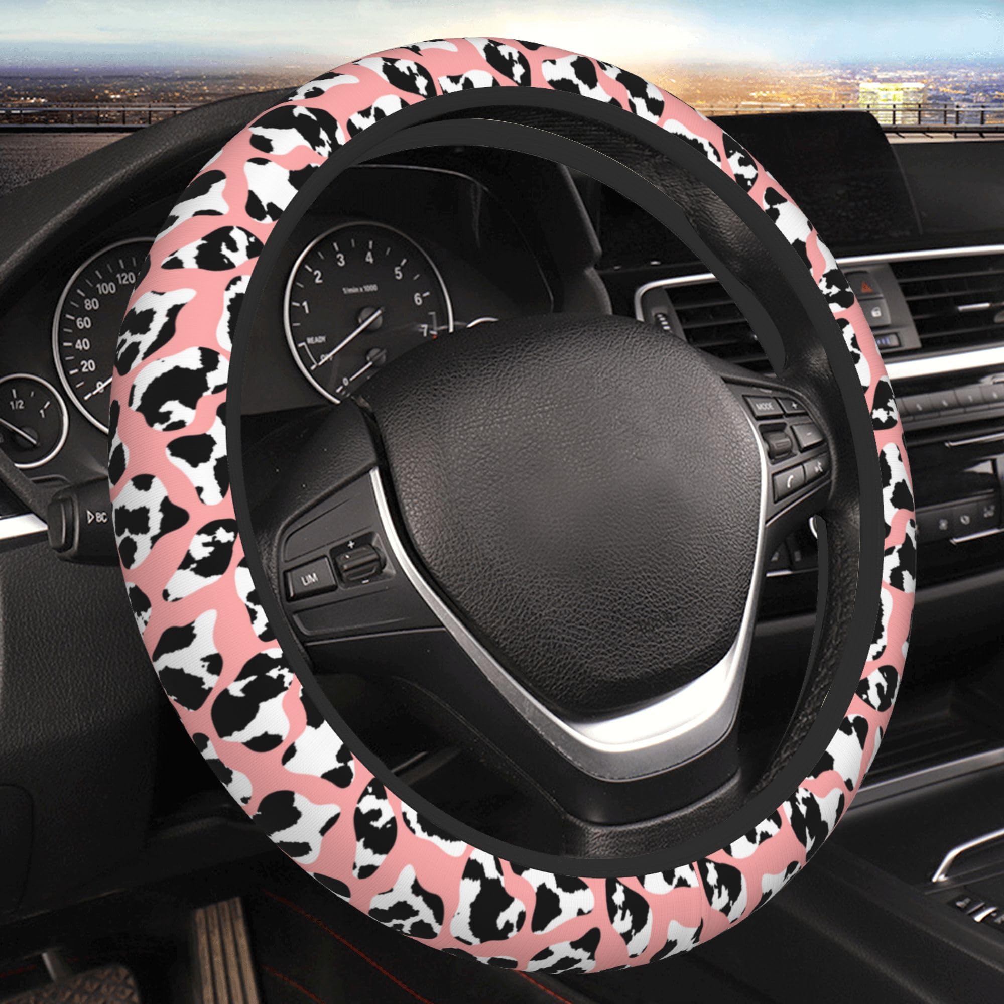 Cow Print Steering Wheel Cover, Universal 15 Inch Anti-Slip Car Steering Wheel Protector, Pink Leopard