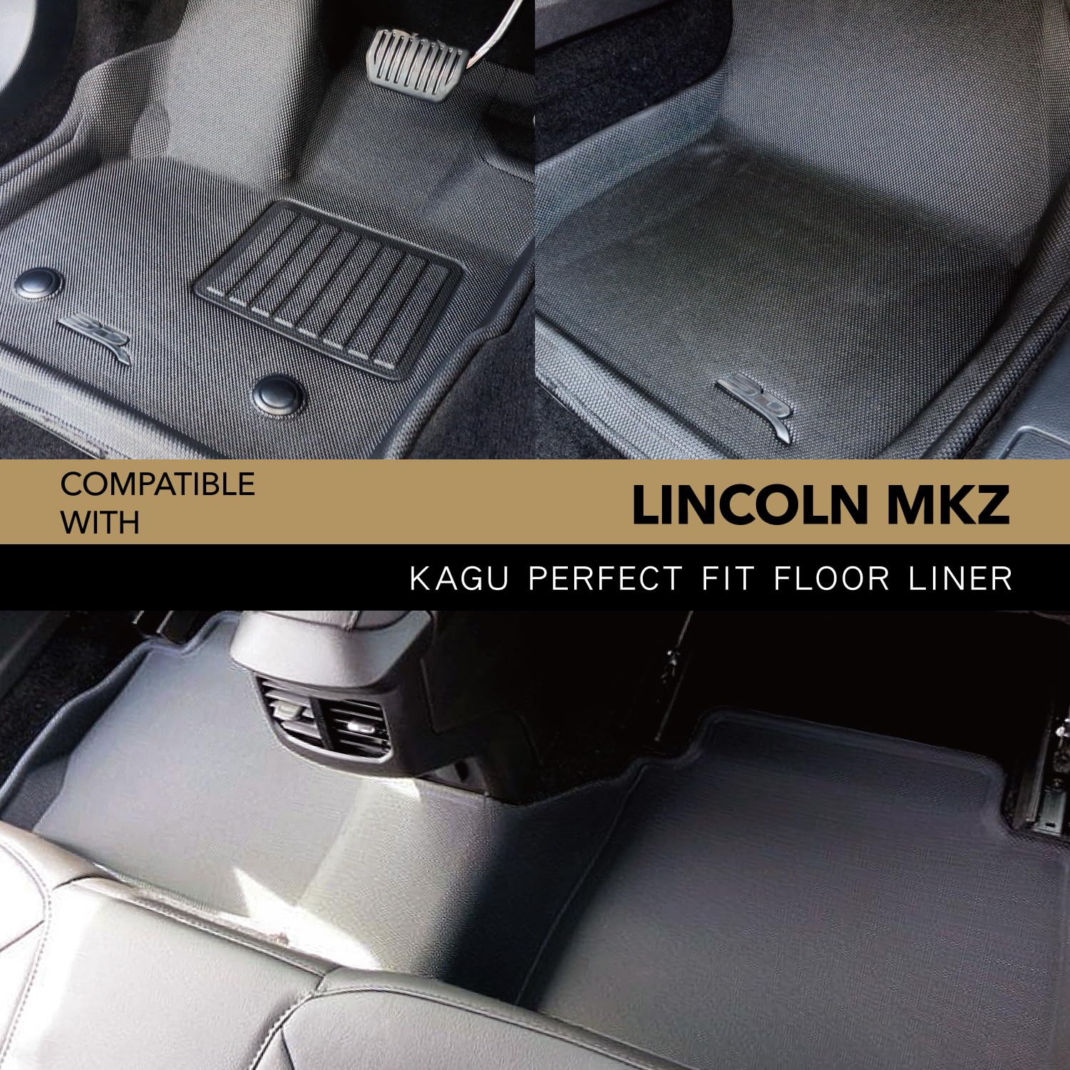 3D Maxpider Complete Set For 2017-2020 Lincoln Mkz Black Kagu Custom Fit All-Weather Series Fornt And Second Row Floor Mats Medium