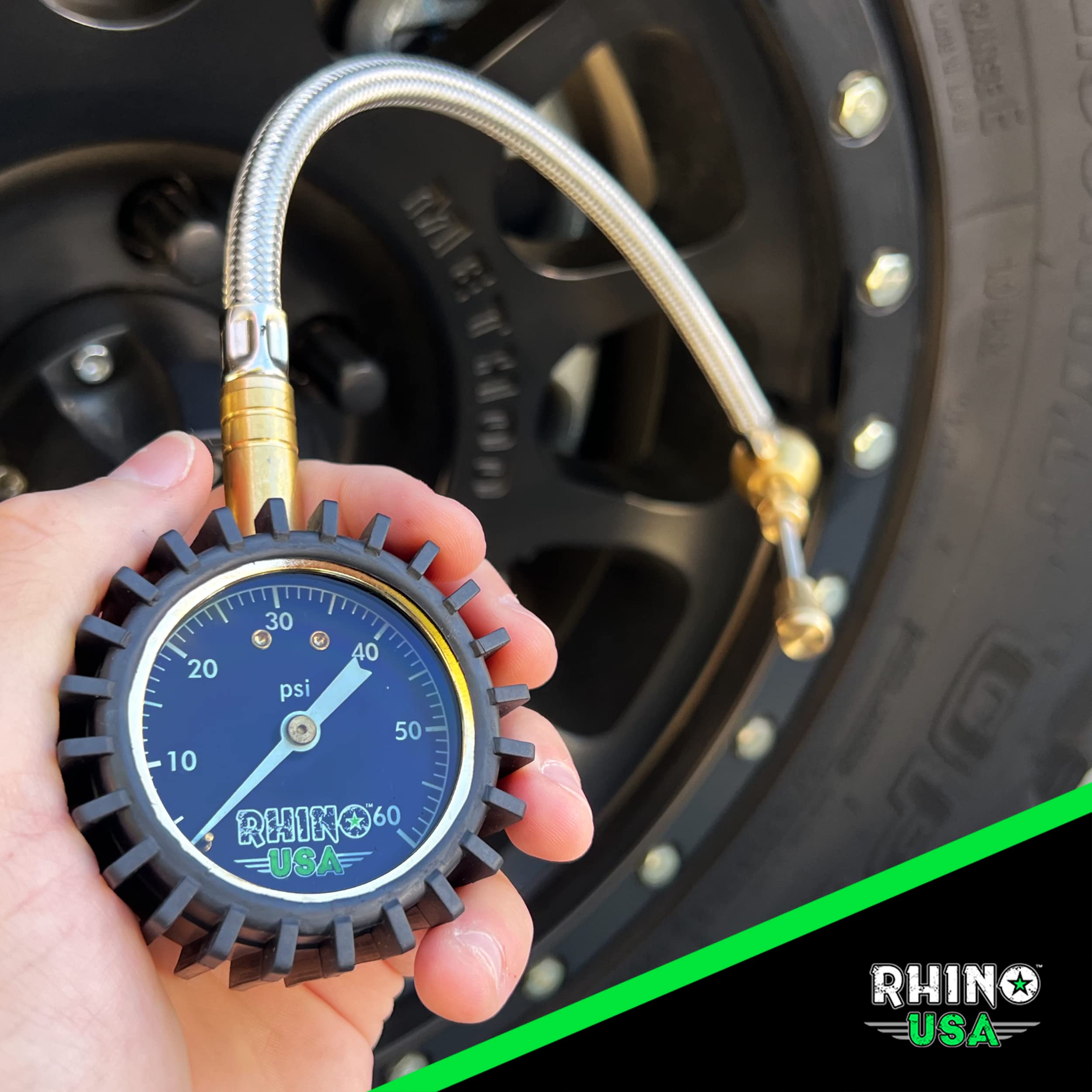 Rhino USA Rapid Tire Deflators with Gauge (0-60psi) Automatic & Adjustable Tire Air Down Tool - Large 2'' Easy Read Glow Dial &