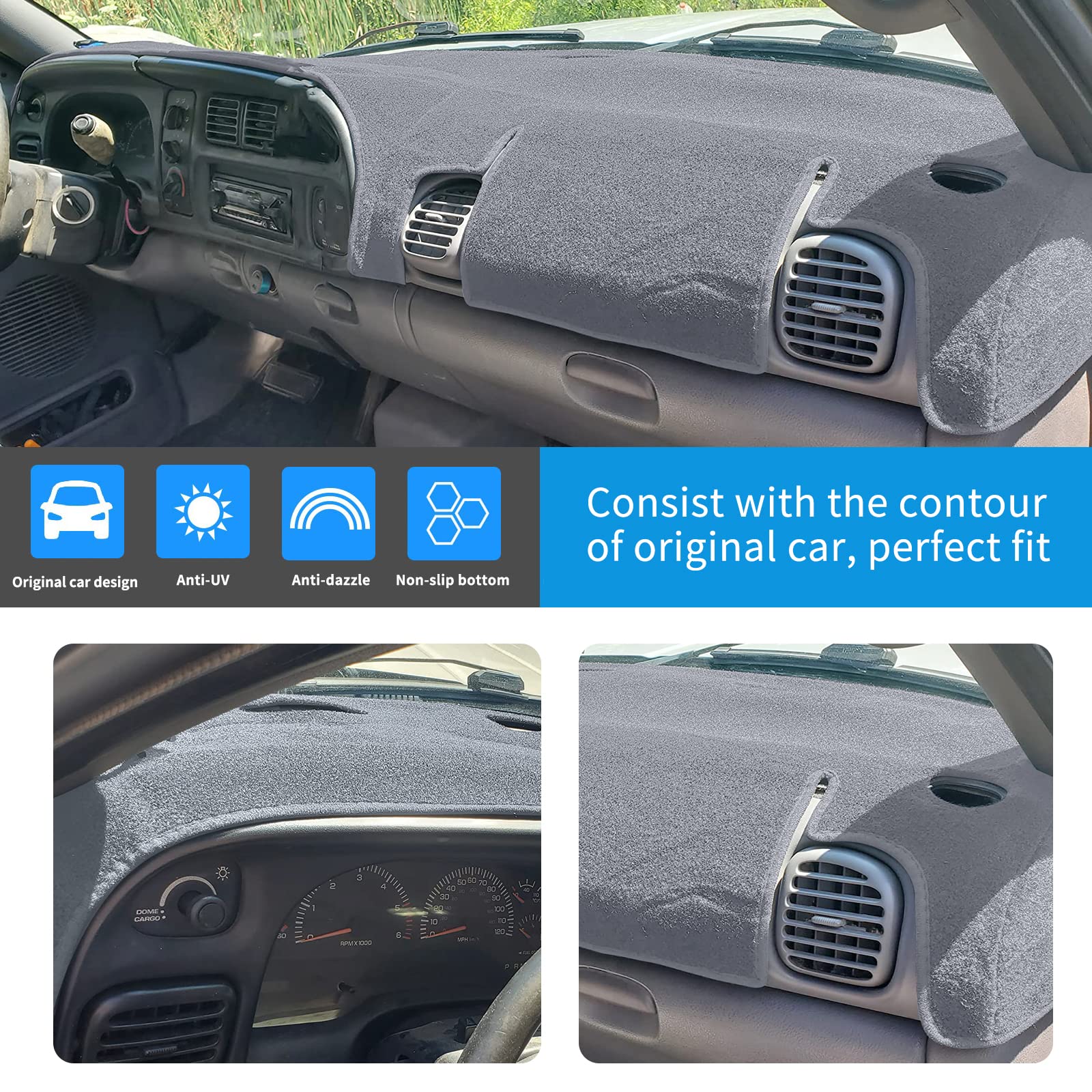 Hanlanka Black Carpet Dashboard Cover For Dodge Ram 1500 2500 3500 1998-2001 Carpet Dash Mat,Custom Fit Dash Cover,Easy Installa