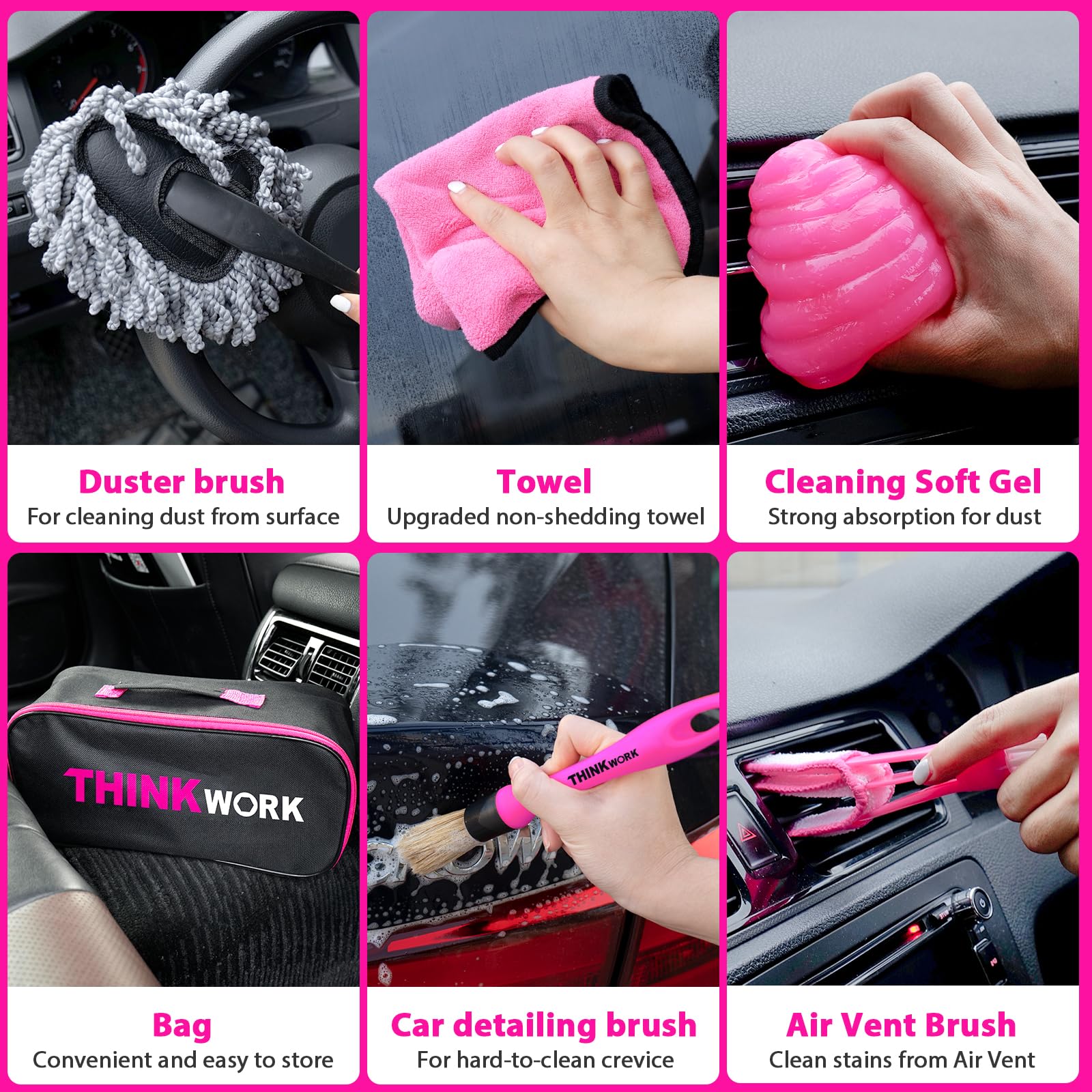 Thinkwork Car Detailing Kit Interior Cleaner, Car Cleaning Kit With 8000Pa Cordless Pink Handheld Vacuum Cleaner, Car Interior D
