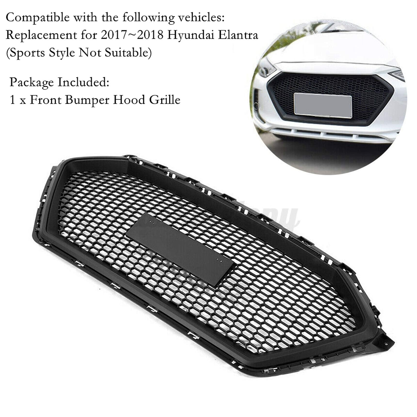 RainMan S ABS Plastic Front Bumper Grill Mesh Hood Front Center Middle Grille, Front Bumper Grille Replacement for 2017-2018 Hyu