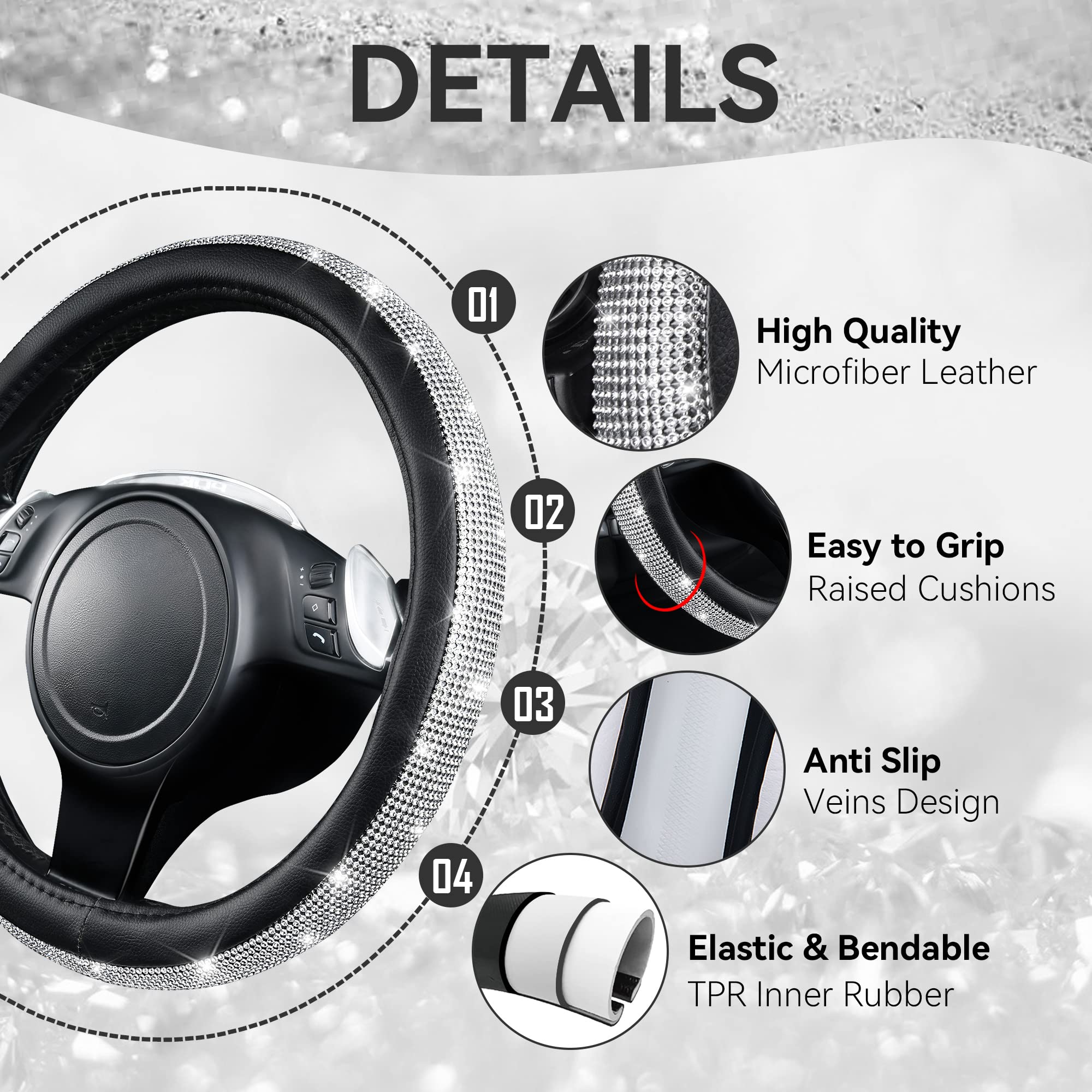 Car Pass Leather Diamond Bling Seat Covers Full Sets 16 Pcs, Bling Car Accessories Set For Women, Sparkly Rhinestone Steering Wh