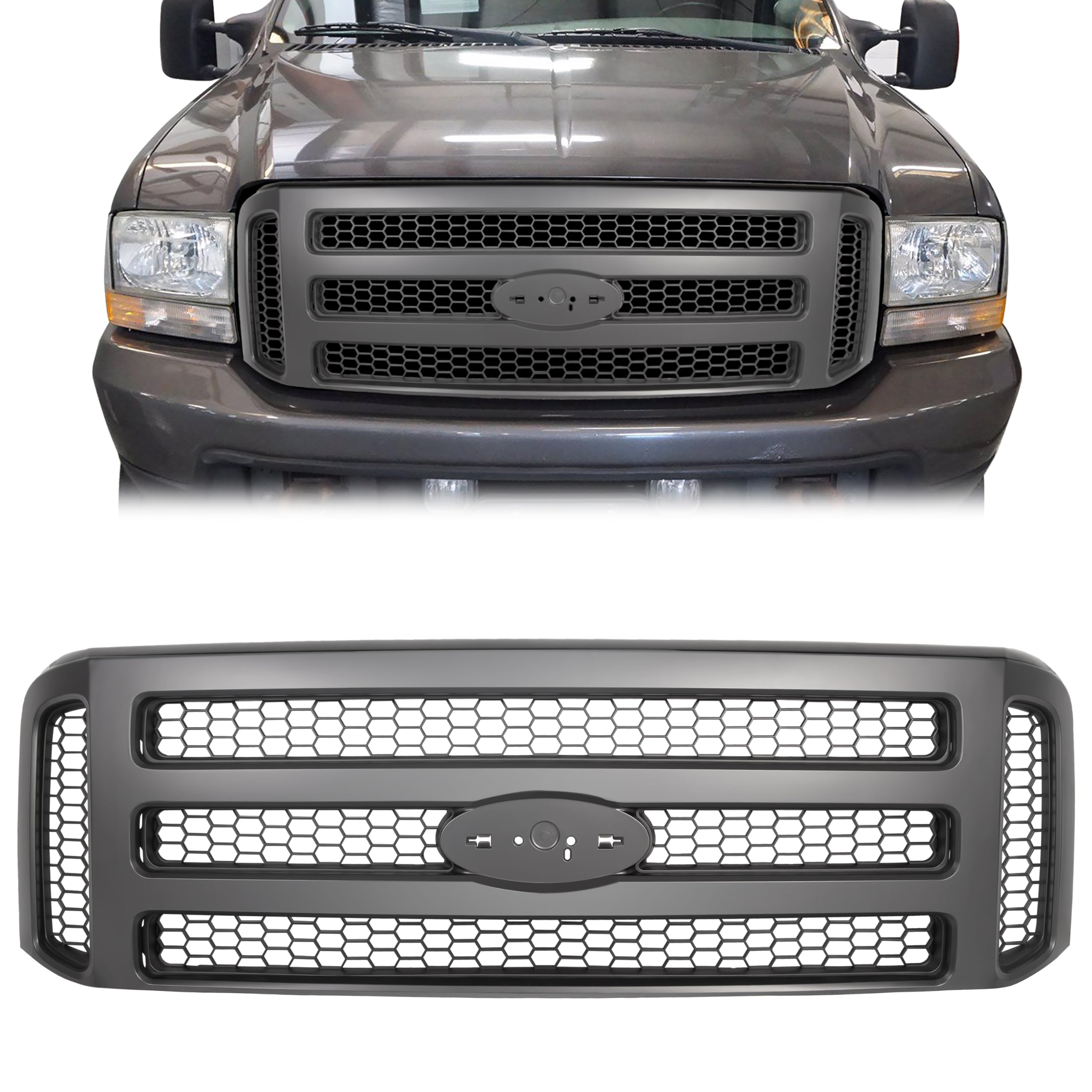 Ecotric New Front Grille Grill Compatible With 1999 2000 2001 2002 2003 2004 Ford F250 F350 Super Duty Excursion Black Grille Me