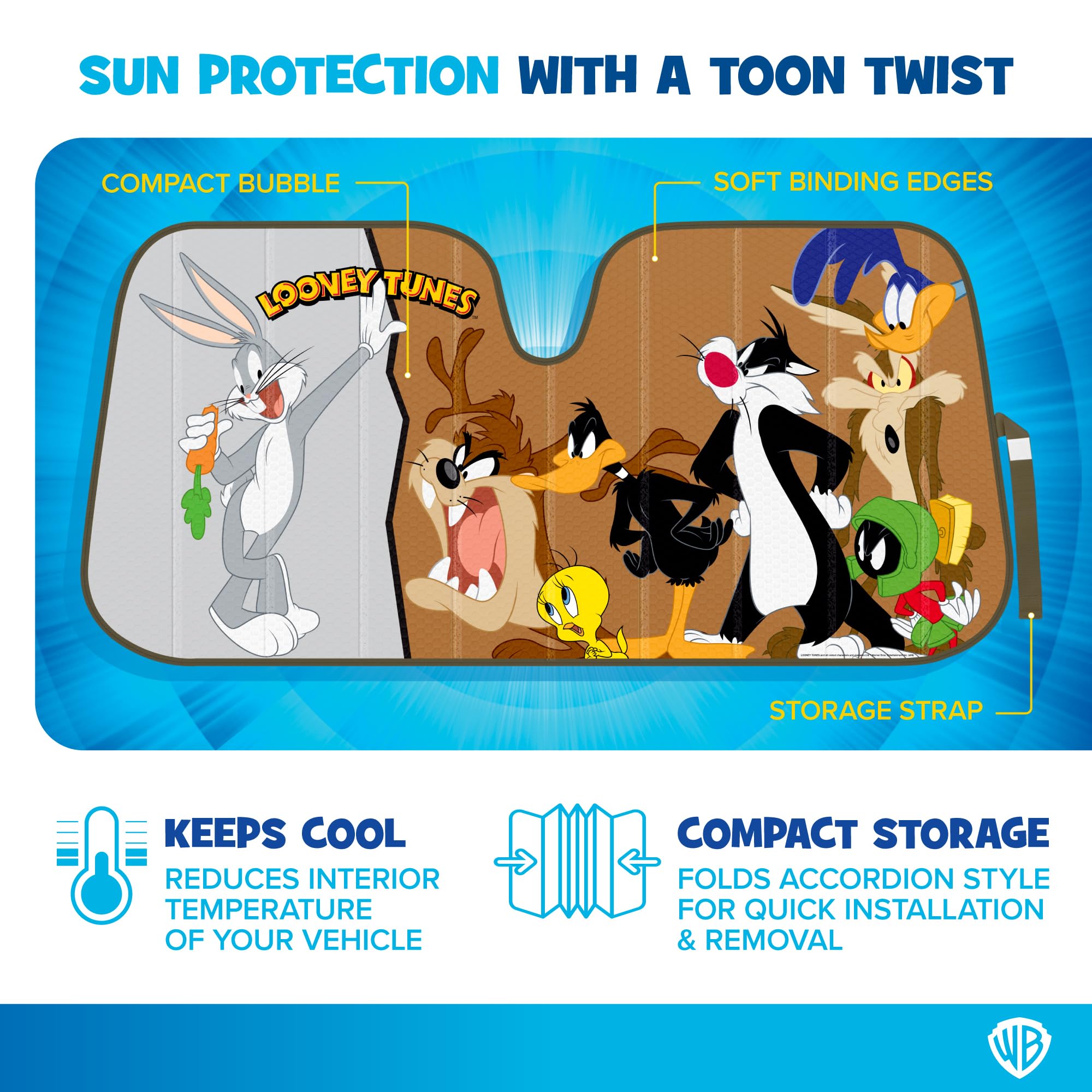 Looney Tunes Car Windshield Sun Shade For Front Window, Officially Licensed Car Sun Shade With Bugs Bunny Taz Daffy Duck And Fri