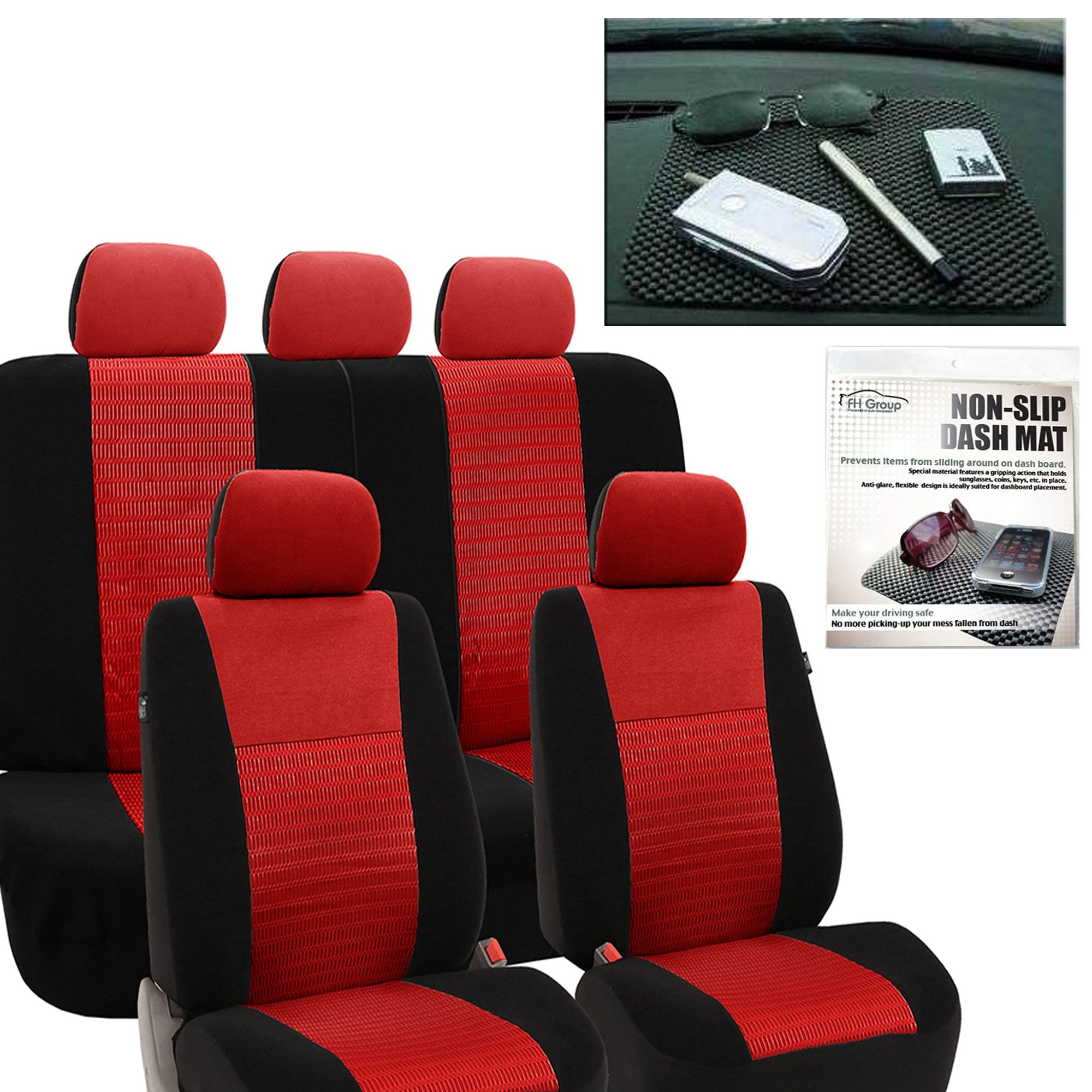 Fh Group Car Seat Covers Trendy Elegance Red Full Set Automotive Seat Covers, Airbag And Split Rear Combo Non-Slip Dash Grip Pad