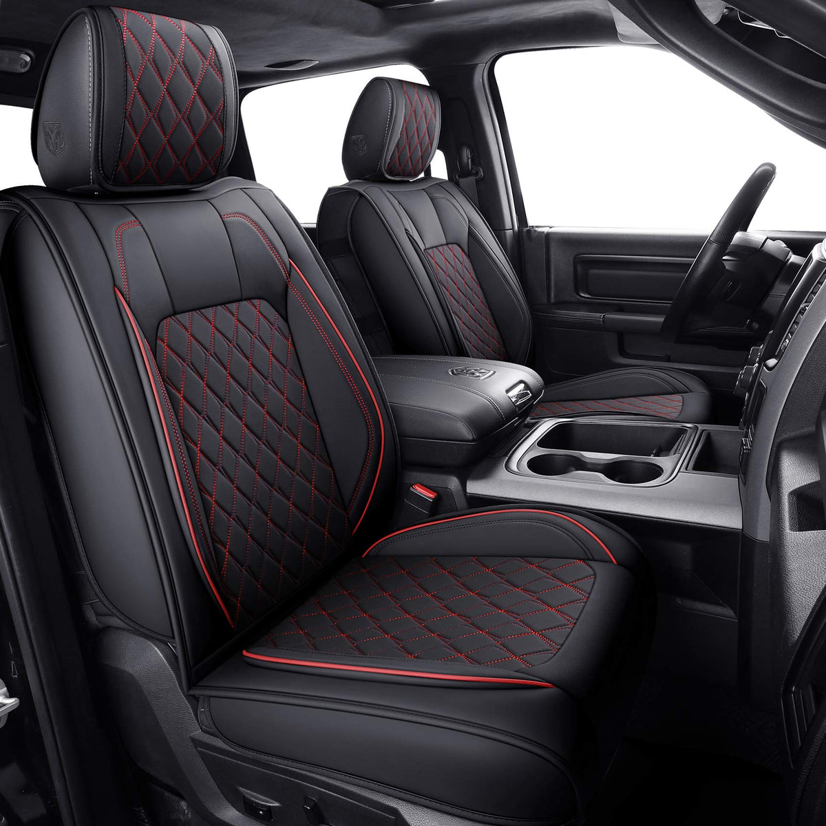 Aierxuan Dodge Ram Car Seat Covers Full Set Waterproof Leather Custom Fit 2009-2024 1500, 2010-2024 2500/3500 Crew Quad Regular Cab Truck Pickup With Split Bench 60/40(Full Set/Black-Red)
