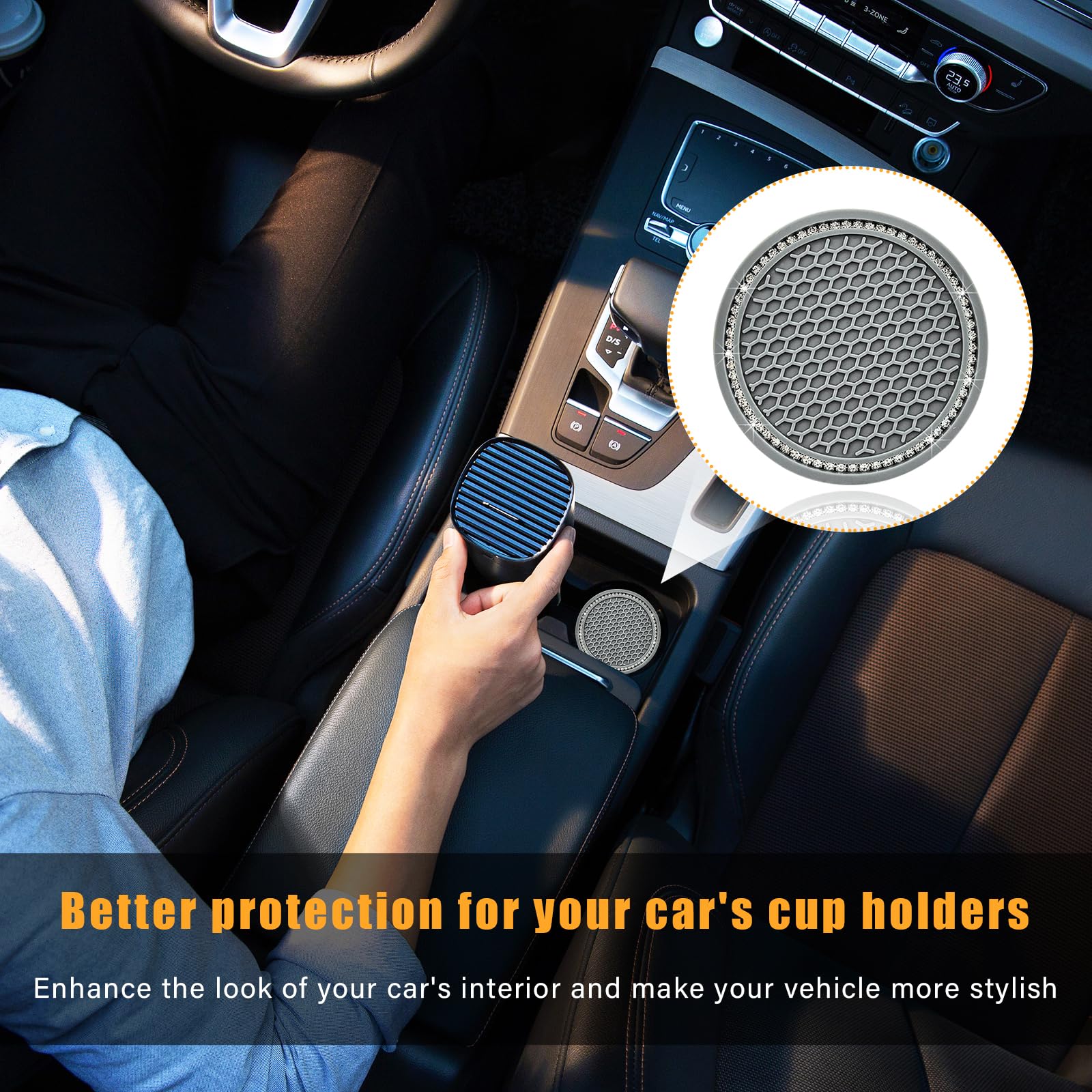 Ziciner 4 Pack Bling Car Cup Coaster, Crystal Soft Rubber Cup Holder Insert Coaster, Anti-Slip Rhinestone Drink Cup Mat, Univers