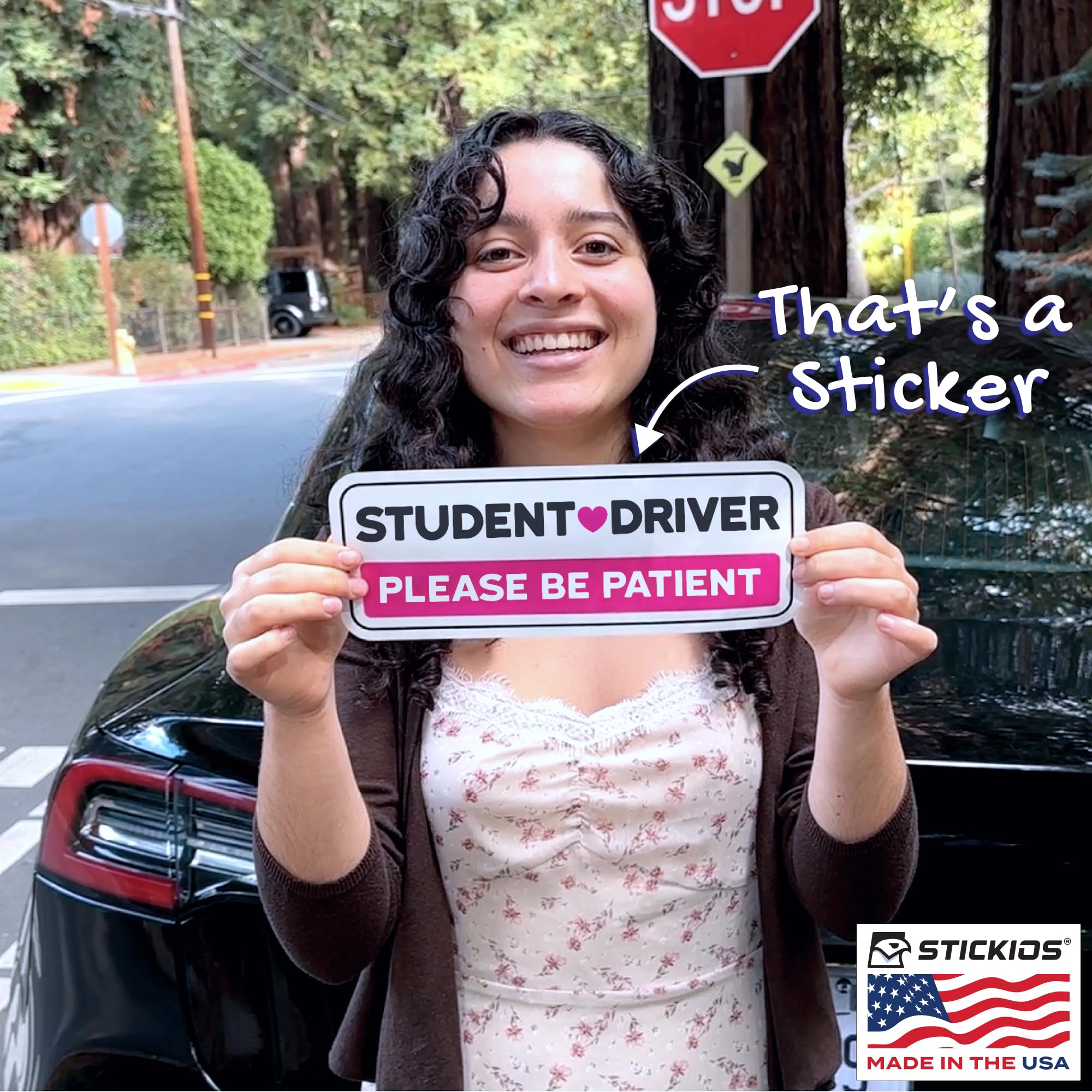 Stickios Student Driver Sticker: Non-Magnetic Removable Cute Pink Vinyl Decal Please Be Patient Sign For Cars & Windows (10X4.4
