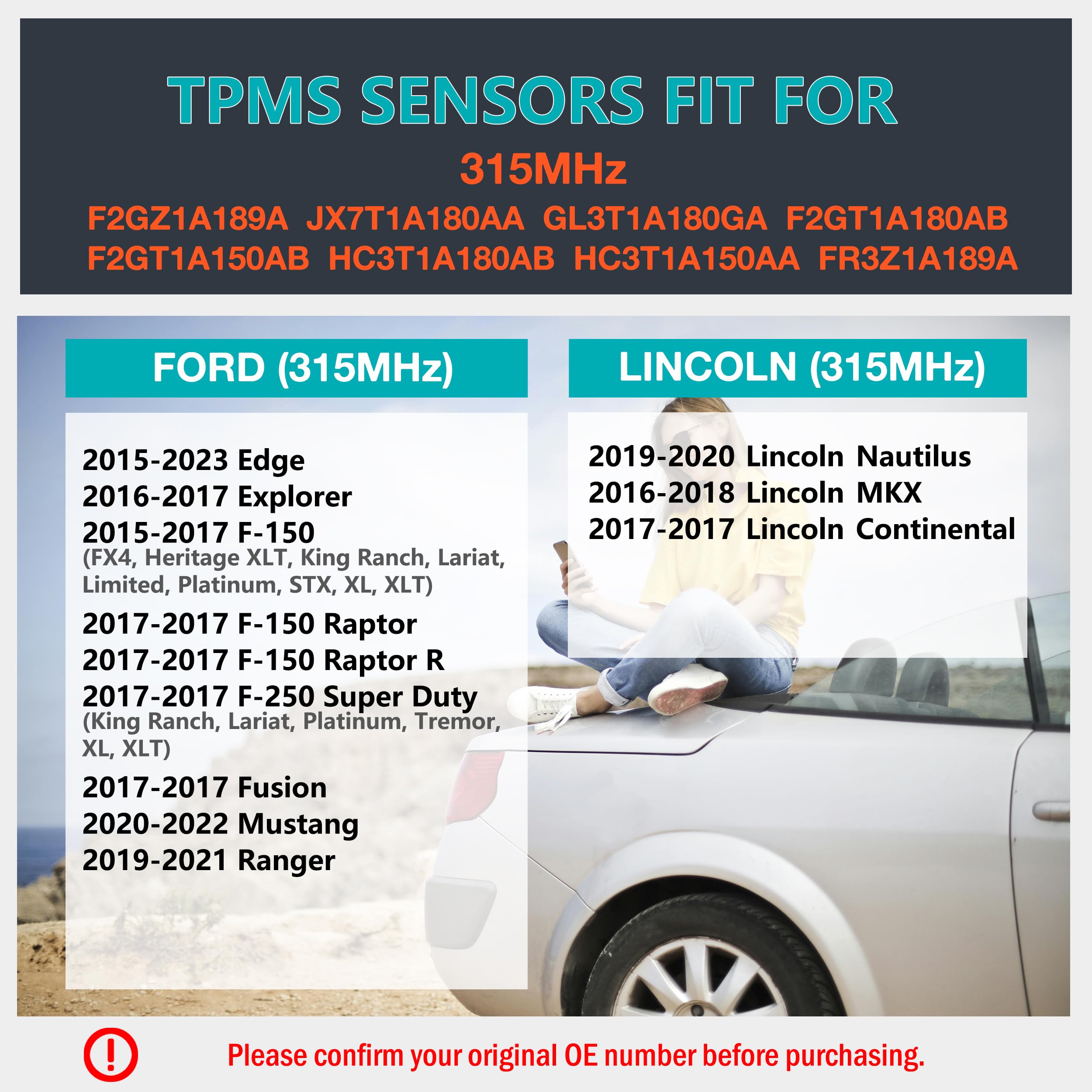 TPMS Tire Pressure Sensors 315MHz Compatible with 2015-2017 Ford F-150 2015-2023 Ford Edge 2016-2018 Lincoin MKX Replaces# F2GZ1