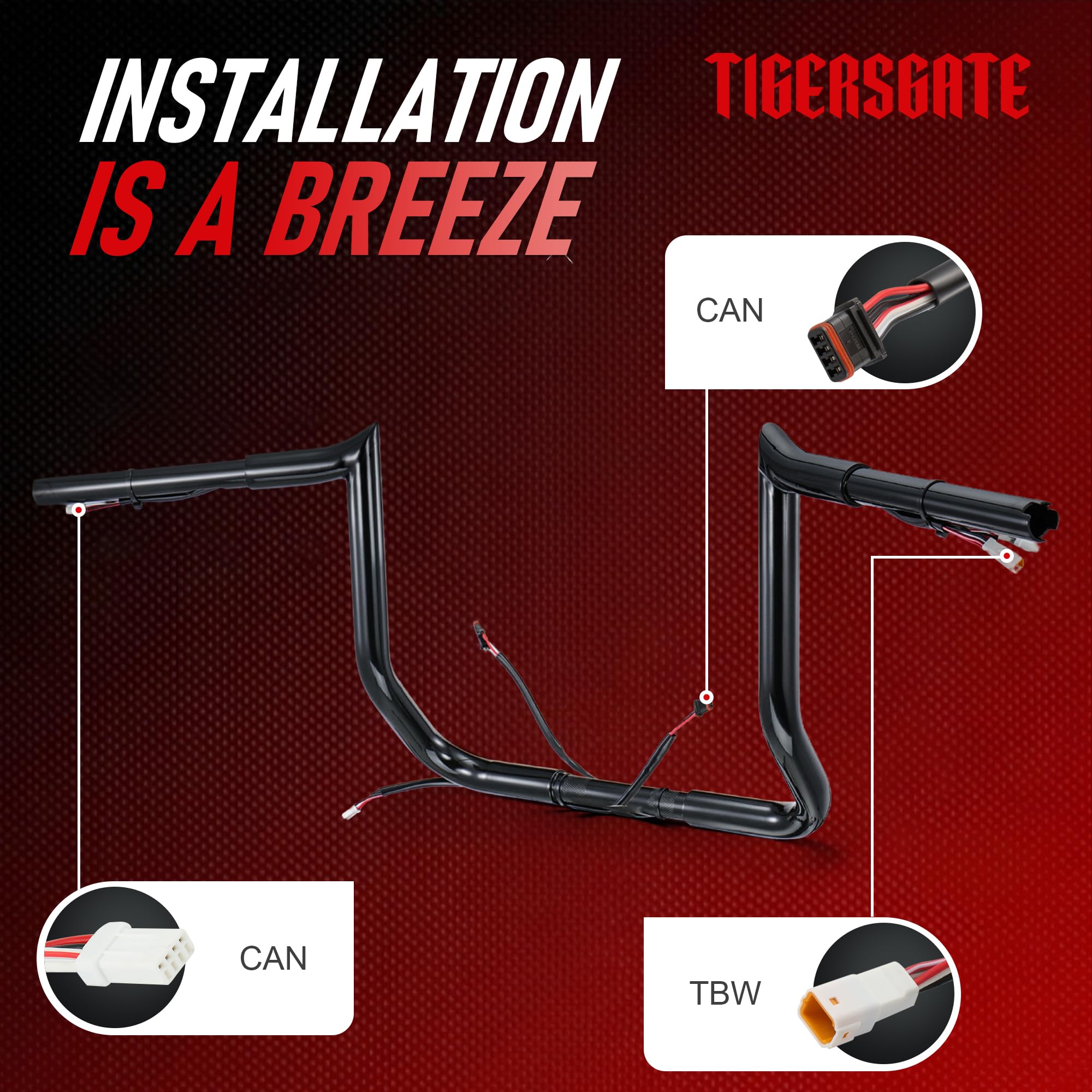 TIGERSGATE Black PRE-WIRED 12 Meathook Monkey Bar 1 1/4 Ape Hangers Handlebars for Harley Miter Cut 2016-2023 Street Glide/E