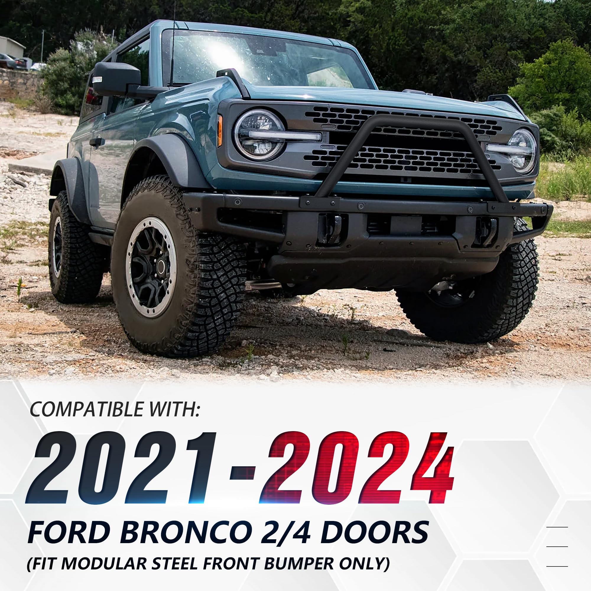 Eyouhz Bull Bar Grille Brush Guard With Light Mount Compatible With 2021 2022 2023 2024 Ford Bronco 2/4 Door (For Modular Steel Front Bumper Only) Rock Off-Road Front Bumper Rack Push Bar-Black