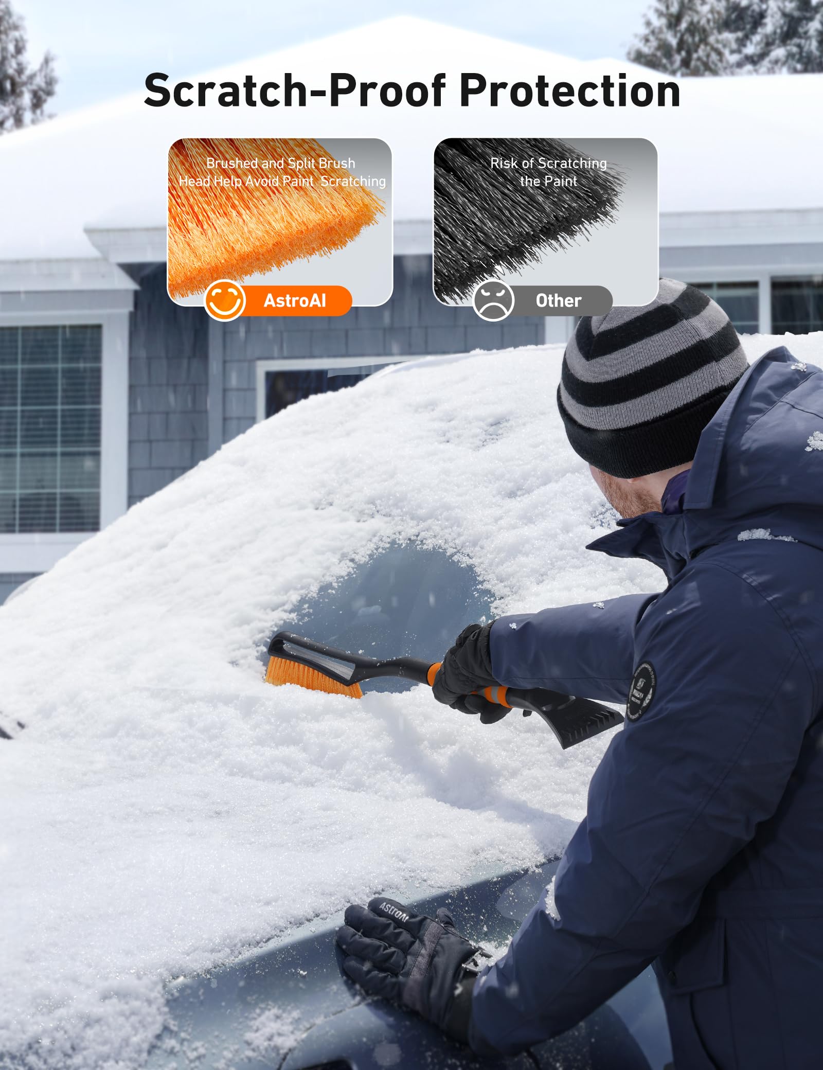 AstroAI 27' Snow Brush and Ice Scrapers for Car Windshield, Detachable Snow Scrapers with Ergonomic Foam Grip for Cars, Trucks, SUVs (Heavy Duty ABS, PVC Brush, Orange)
